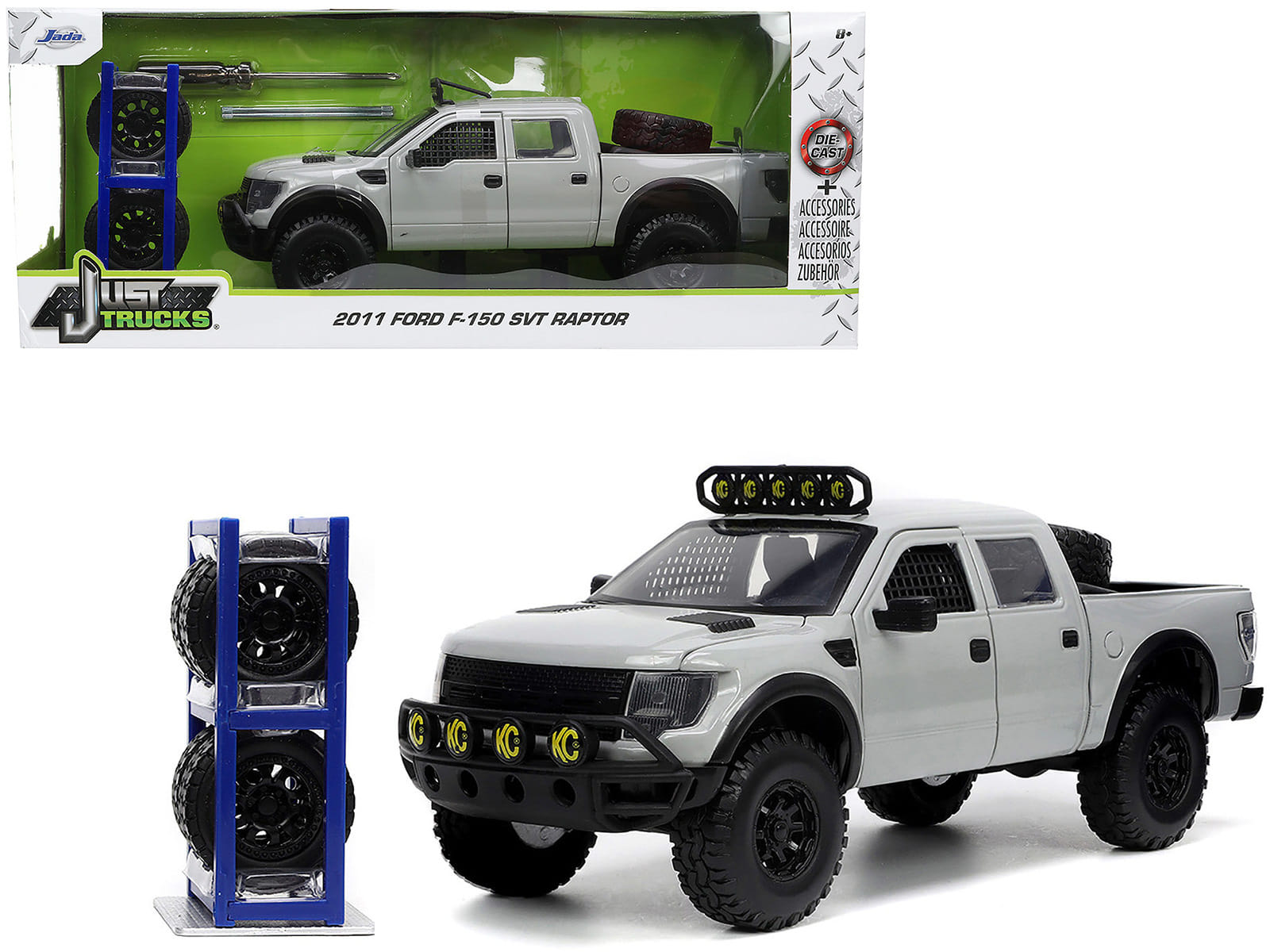 2011 Ford F-150 SVT Raptor Pickup Truck Light Gray with Extra Wheels "Just Trucks" Series 1/24 Diecast Model Car by Jada - Image 5