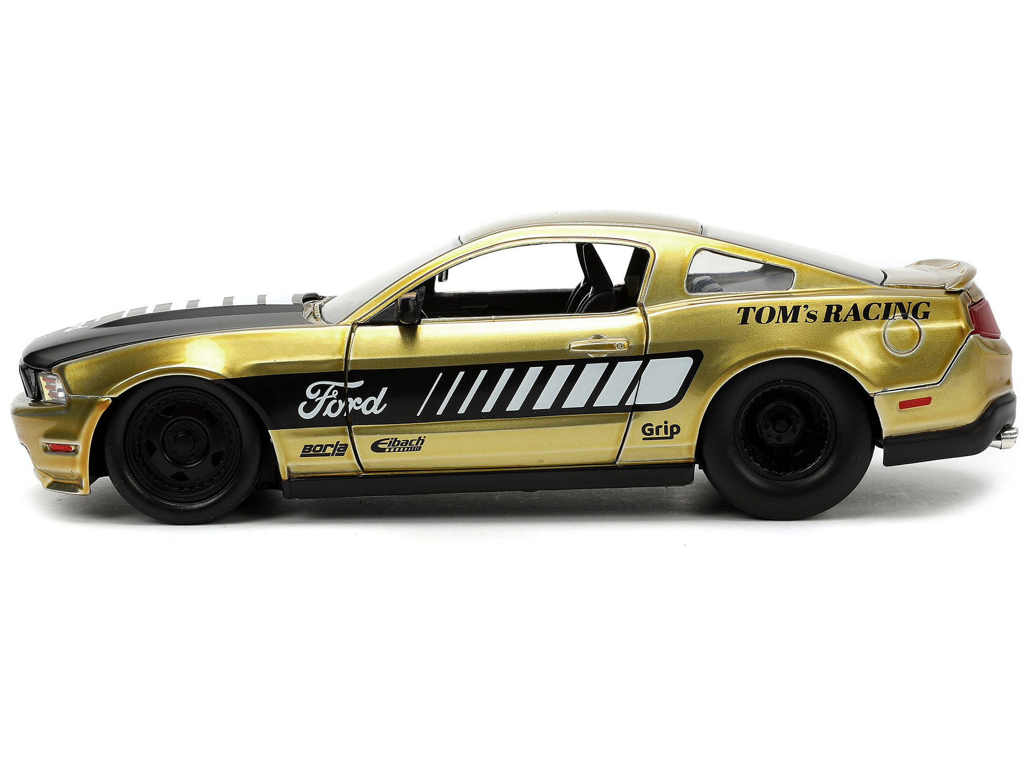 2010 Ford Mustang GT Gold Metallic with Black Graphics and Hood “Tom’s Racing” “Bigtime Muscle” Series 1/24 Diecast Model Car by Jada