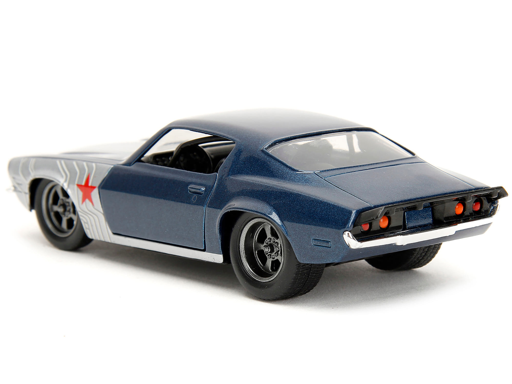 1973 Chevrolet Camaro Dark Blue Metallic with Gray Stripes and Winter Soldier Diecast Figure "Marvel Avengers" "Hollywood Rides" Series 1/32 Diecast Model Car by Jada - Image 2