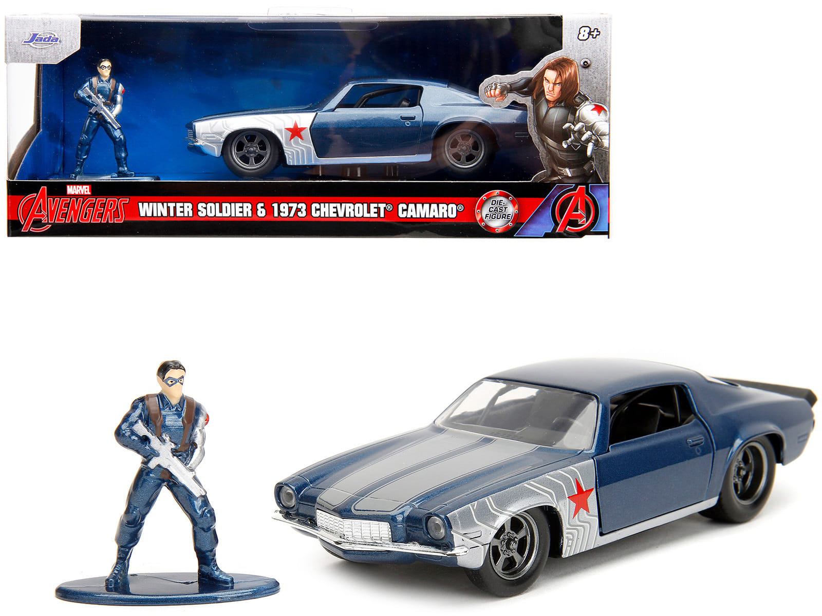 1973 Chevrolet Camaro Dark Blue Metallic with Gray Stripes and Winter Soldier Diecast Figure "Marvel Avengers" "Hollywood Rides" Series 1/32 Diecast Model Car by Jada - Image 3