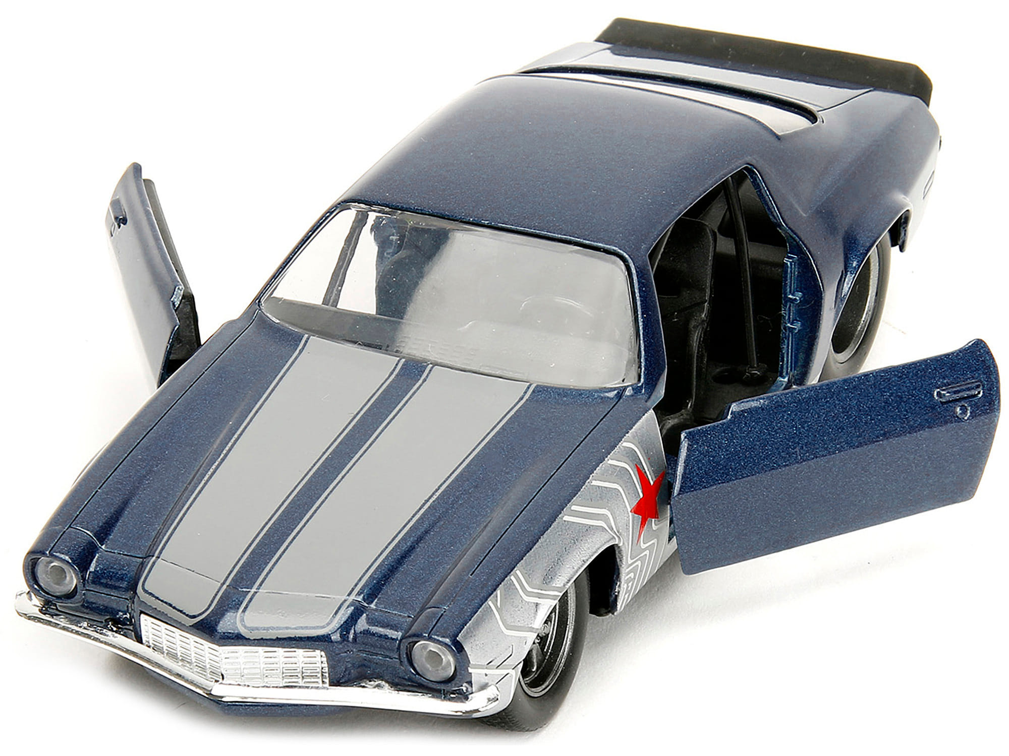 1973 Chevrolet Camaro Dark Blue Metallic with Gray Stripes and Winter Soldier Diecast Figure "Marvel Avengers" "Hollywood Rides" Series 1/32 Diecast Model Car by Jada - Image 4