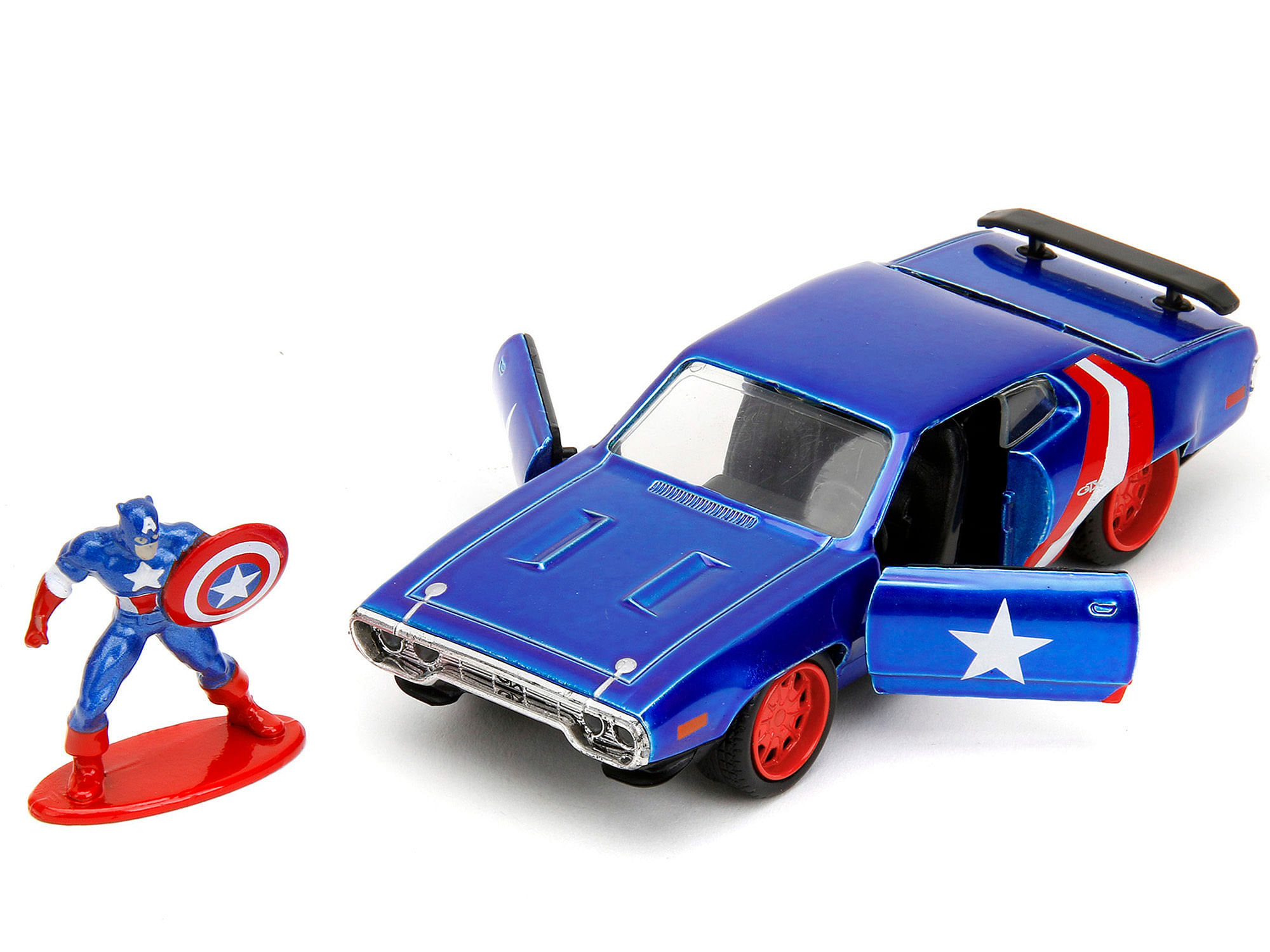 1972 Plymouth GTX Candy Blue with Red and White Stripes and Captain America Diecast Figure “The Avengers” “Hollywood Rides” Series 1/32 Diecast Model Car by Jada