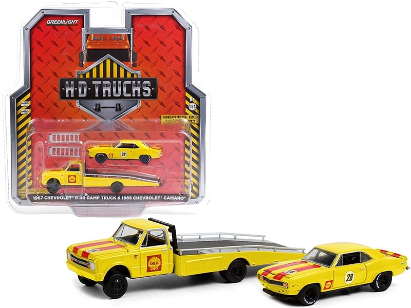 1967 Chevrolet C-30 Ramp Truck and 1969 Chevrolet Camaro #28 “Shell Oil” Yellow with Red Stripes “H.D. Trucks” Series 20 1/64 Diecast Model Cars by Greenlight