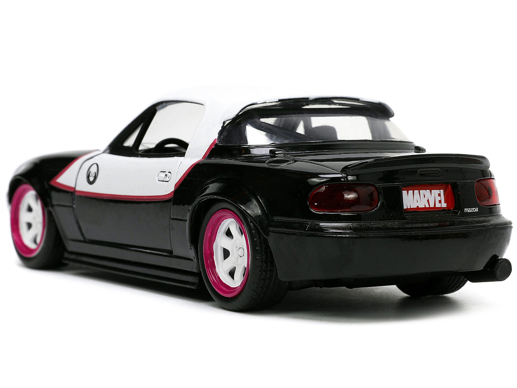 1990 Mazda Miata Black and White with Graphics and Ghost Spider Diecast Figure “Spider-Man” “Marvel” Series 1/32 Diecast Model Car by Jada