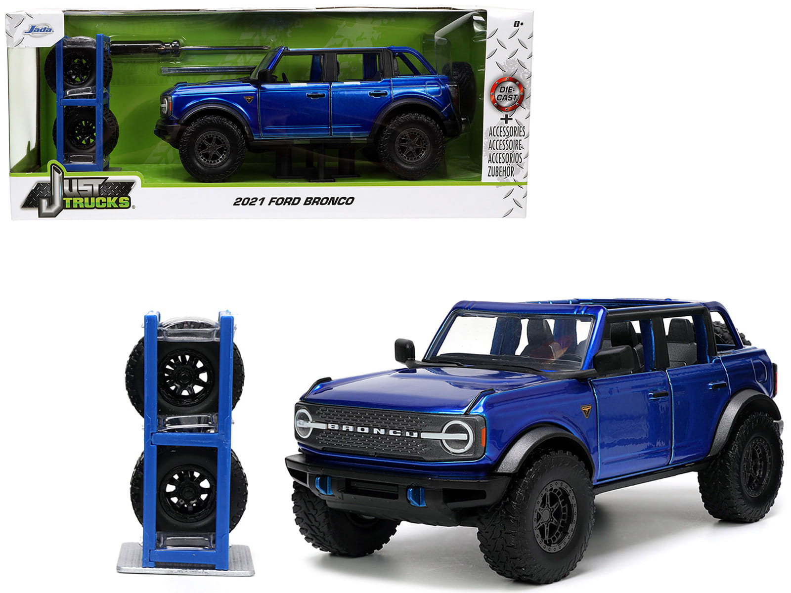 2021 Ford Bronco Open-Top Candy Blue Metallic with Extra Wheels "Just Trucks" Series 1/24 Diecast Model Car by Jada - Image 5