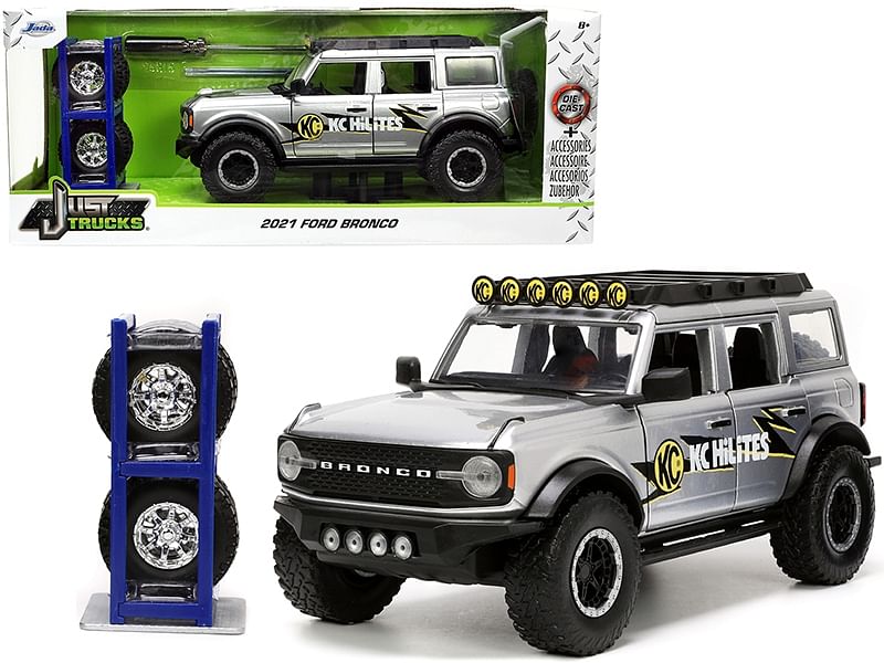 2021 Ford Bronco Gray Metallic “KC HiLiTES” with Extra Wheels “Just Trucks” Series 1/24 Diecast Model Car by Jada