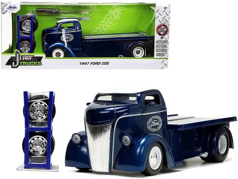 1947 Ford COE Flatbed Truck Dark Blue Metallic with White Top “The Famous Motor Cars” with Extra Wheels “Just Trucks” Series 1/24 Diecast Model by Jada