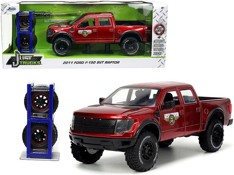 2011 Ford F-150 SVT Raptor Pickup Truck Candy Red Metallic “Mickey Thompson Tires & Wheels” with Extra Wheels “Just Trucks” Series 1/24 Diecast Model Car by Jada