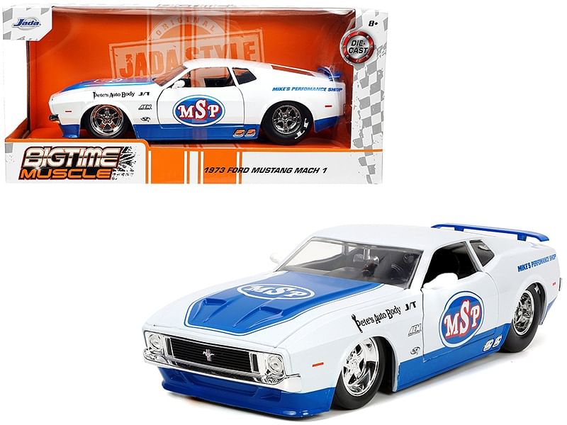 1973 Ford Mustang Mach 1 “MSP” White Metallic and Blue “Bigtime Muscle” Series 1/24 Diecast Model Car by Jada