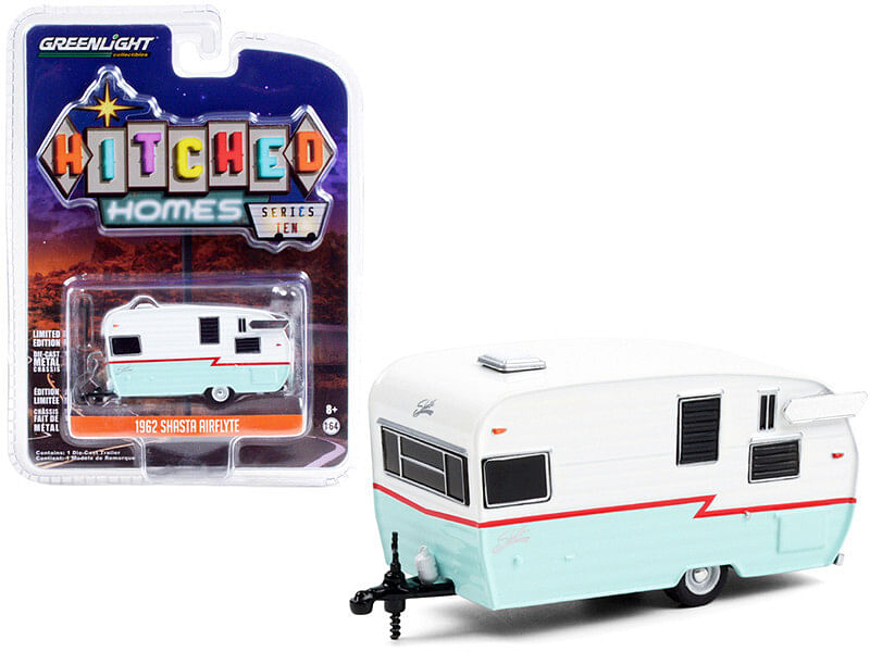 1962 Shasta Airflyte Travel Trailer White and Teal with Red Stripe “Hitched Homes” Series 10 1/64 Diecast Model by Greenlight