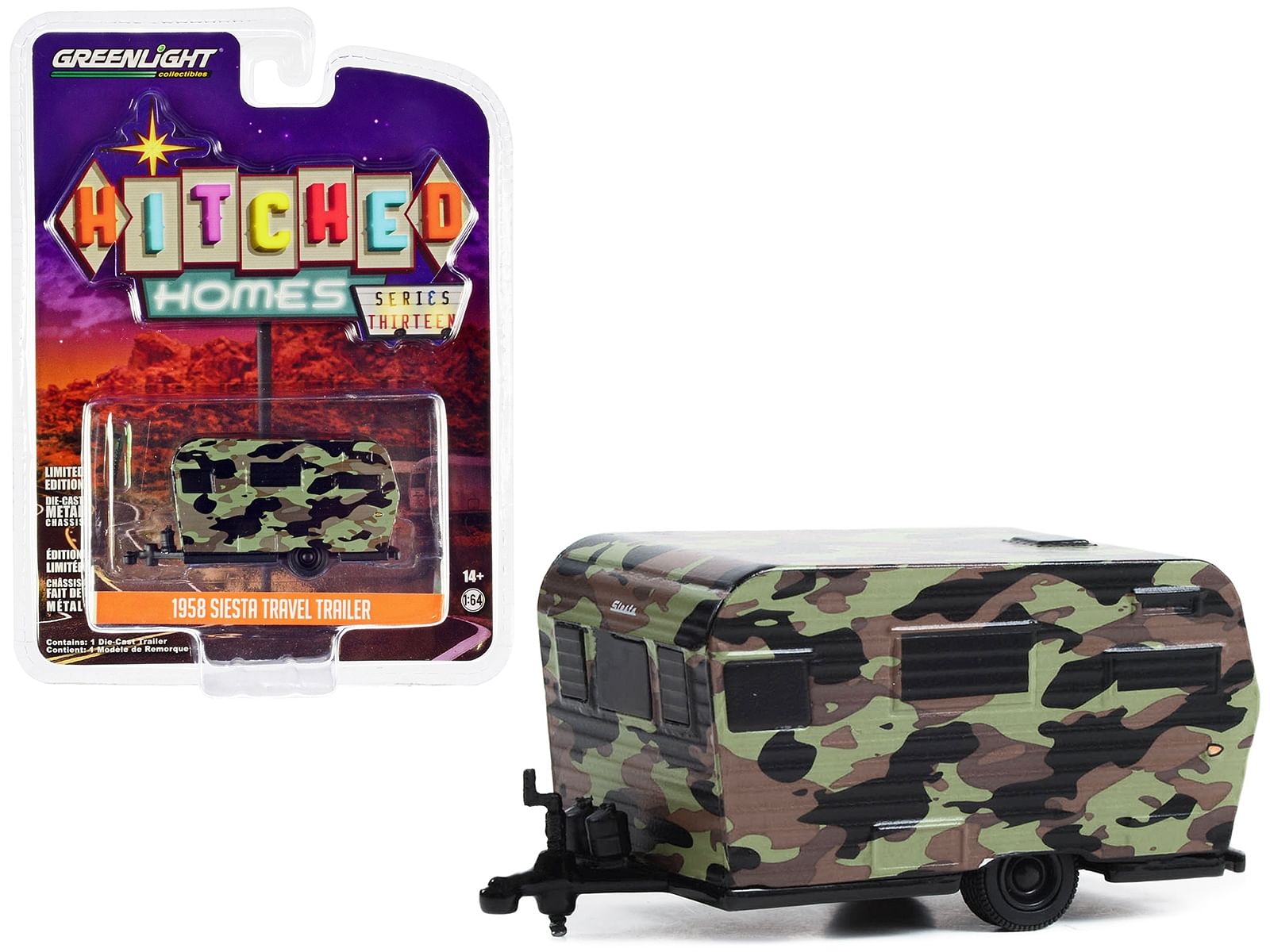 1958 Siesta Travel Trailer Camouflage “Hitched Homes” Series 13 1/64 Diecast Model by Greenlight