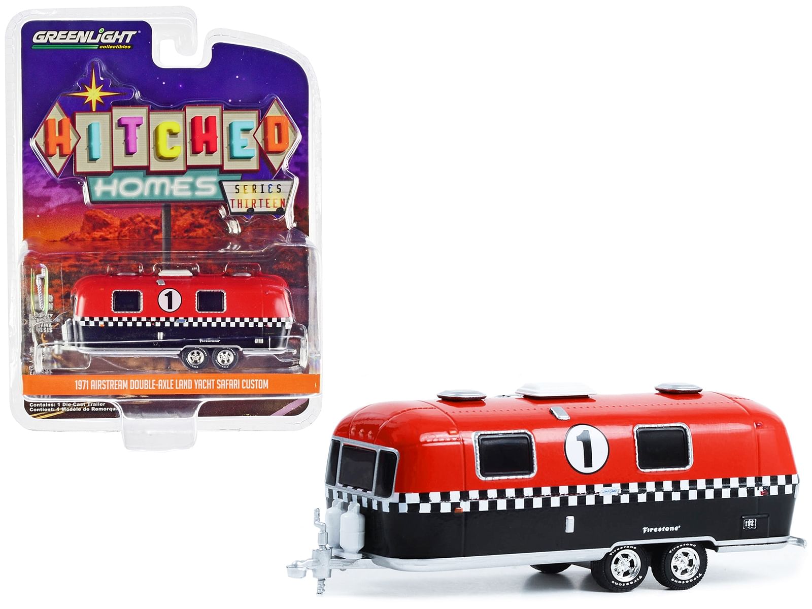 1971 Airstream Double-Axle Land Yacht Safari Custom #1 “Firestone Racing” Red and Black “Hitched Homes” Series 13 1/64 Diecast Model by Greenlight