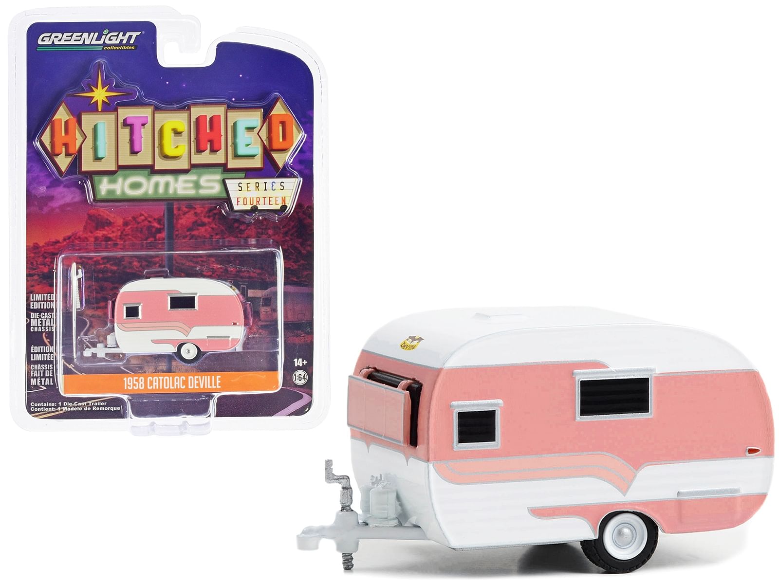 1958 Catolac DeVille Travel Trailer Pink and White “Hitched Homes” Series 14 1/64 Diecast Model by Greenlight