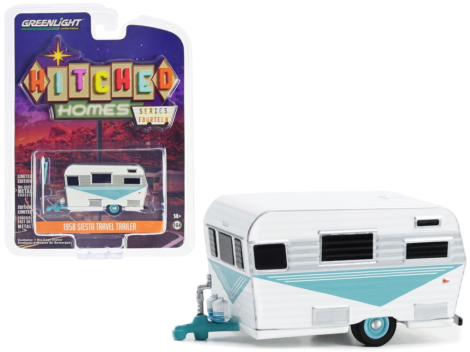 1958 Siesta Travel Trailer White and Teal with Polished Silver Stripes “Hitched Homes” Series 14 1/64 Diecast Model by Greenlight