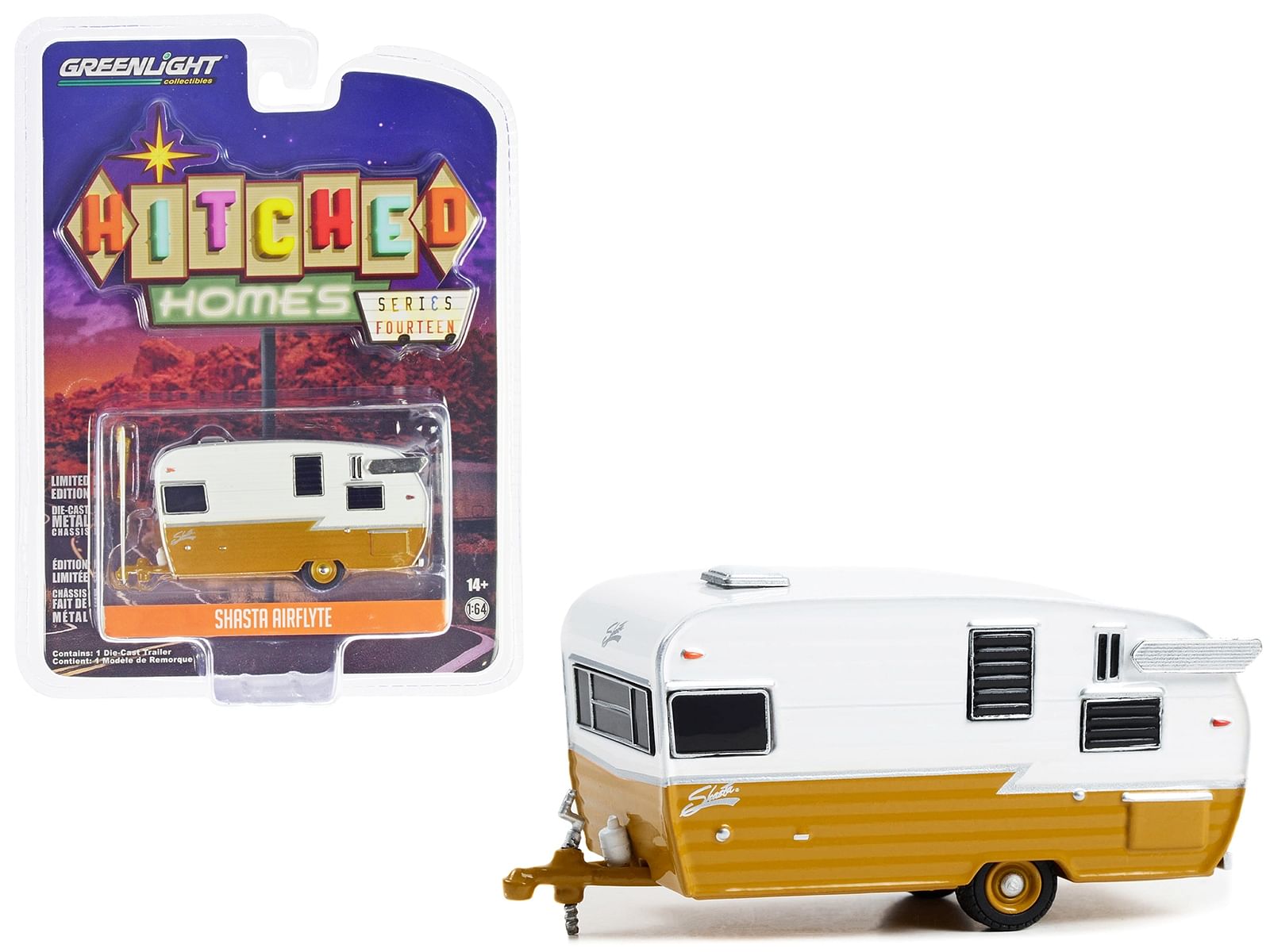 Shasta Airflyte Travel Trailer Butterscotch and White “Hitched Homes” Series 14 1/64 Diecast Model by Greenlight