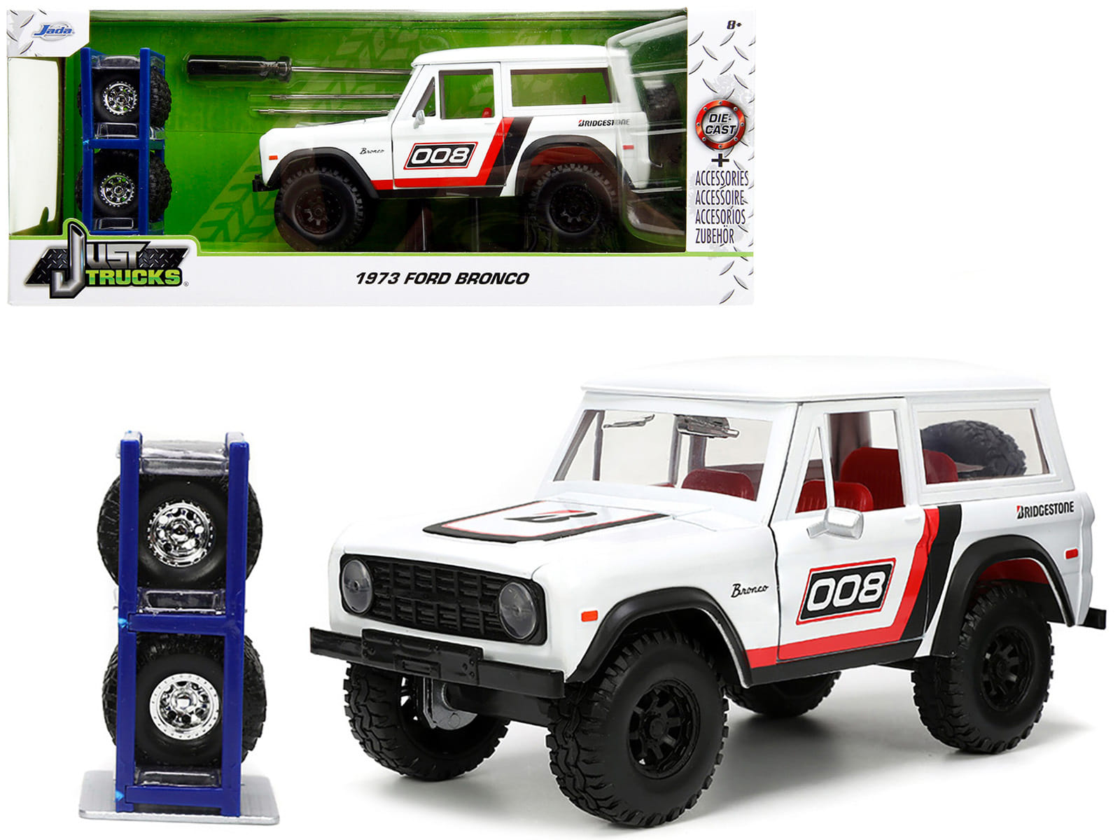 1973 Ford Bronco #008 White with Red and Black Stripes and Red Interior with Extra Wheels "Just Trucks" Series 1/24 Diecast Model Car by Jada - Image 5