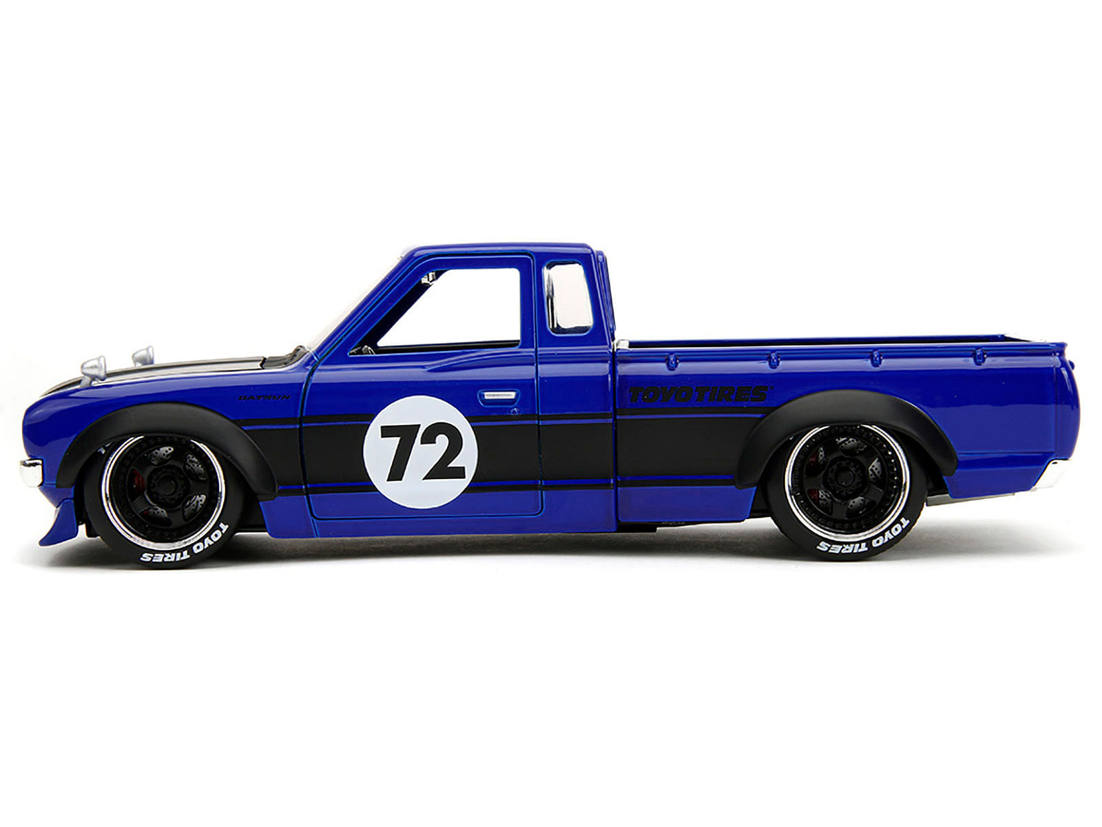 1972 Datsun 620 Pickup Truck #72 Blue Metallic with Black Stripes and Hood “Toyo Tires” with Extra Wheels “Just Trucks” Series 1/24 Diecast Model Car by Jada