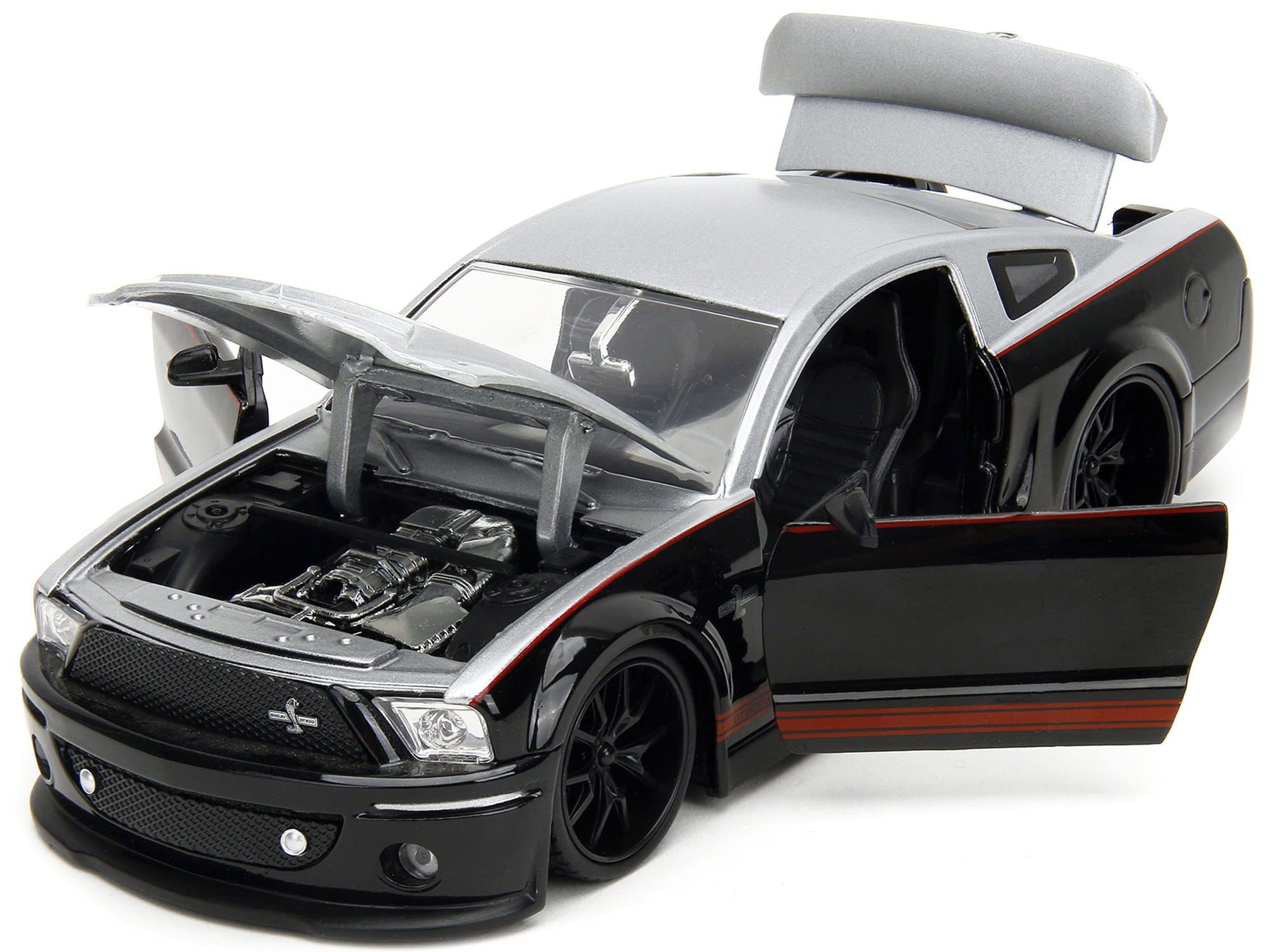 2008 Ford Shelby Mustang GT-500KR Silver and Black with Red Stripes "Bigtime Muscle" Series 1/24 Diecast Model Car by Jada - Image 3