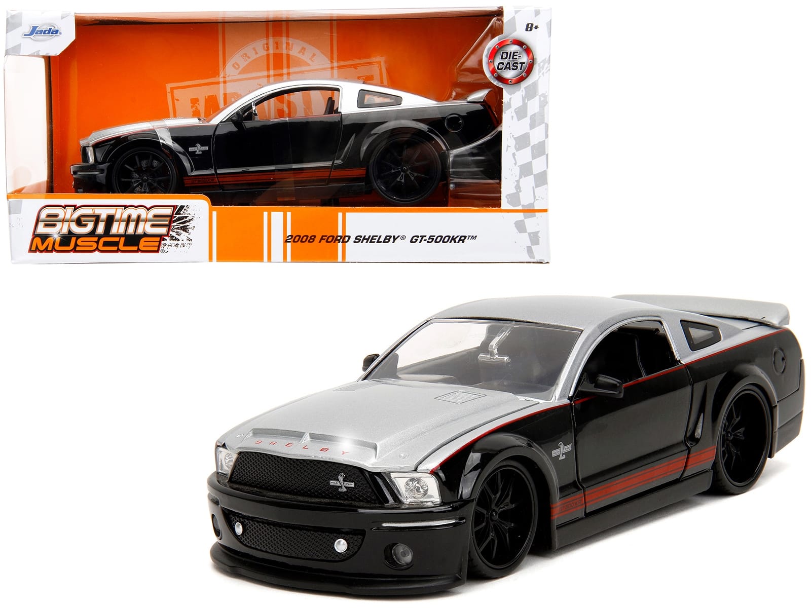 2008 Ford Shelby Mustang GT-500KR Silver and Black with Red Stripes "Bigtime Muscle" Series 1/24 Diecast Model Car by Jada - Image 5