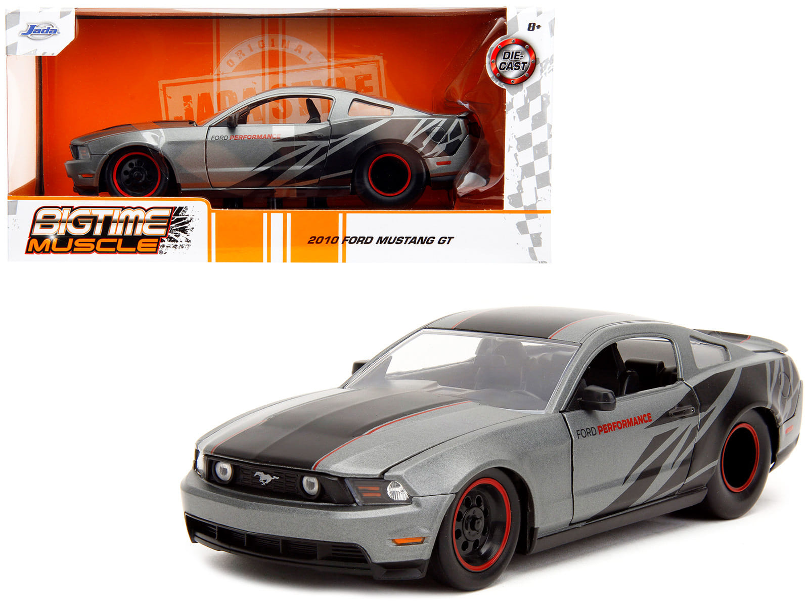 2010 Ford Mustang GT Matt Gray Metallic with Black Graphics and Stripes "Ford Performance" "Bigtime Muscle" Series 1/24 Diecast Model Car by Jada - Image 2