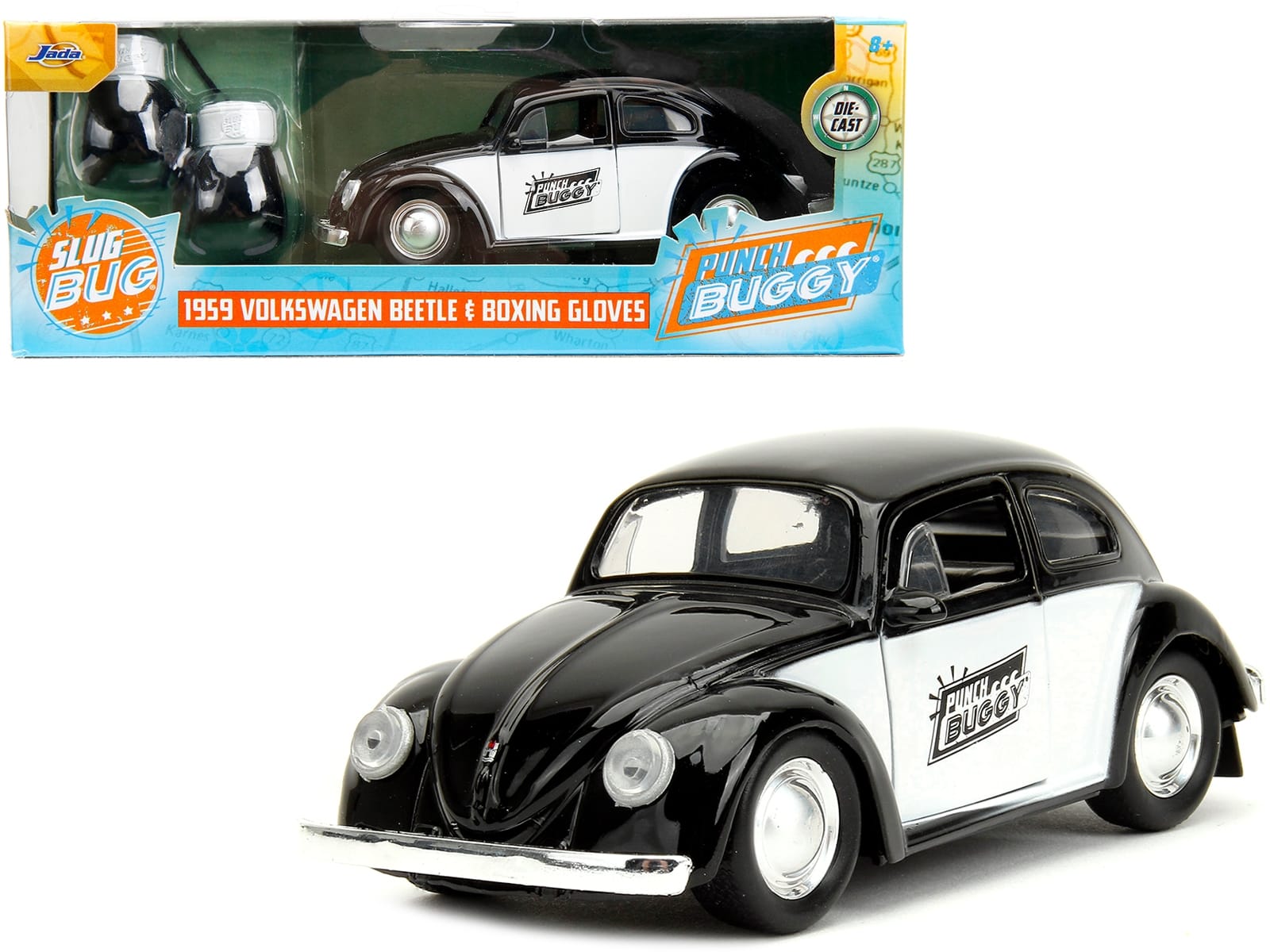 1959 Volkswagen Beetle "Punch Buggy" Black and White and Boxing Gloves Accessory "Punch Buggy" Series 1/32 Diecast Model Car by Jada - Image 5