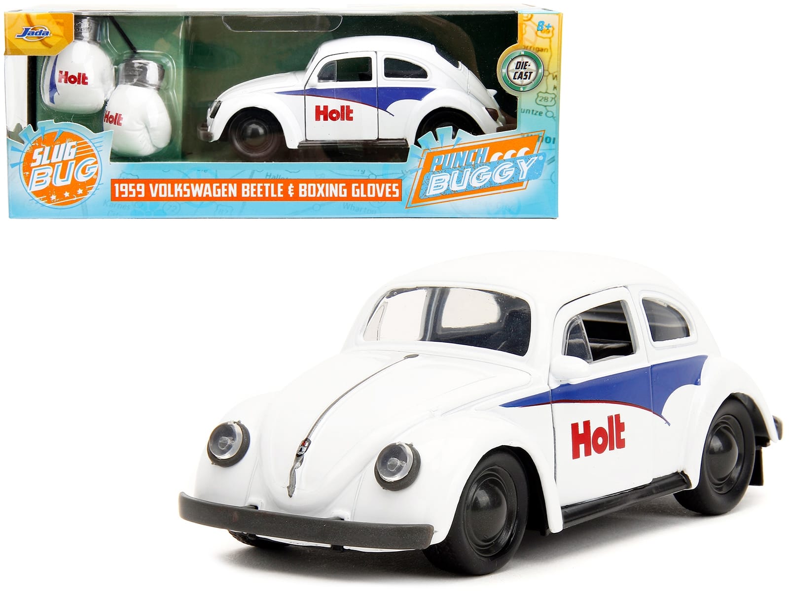 1959 Volkswagen Beetle "Holt" White with Blue Graphics and Boxing Gloves Accessory "Punch Buggy" Series 1/32 Diecast Model Car by Jada - Image 4