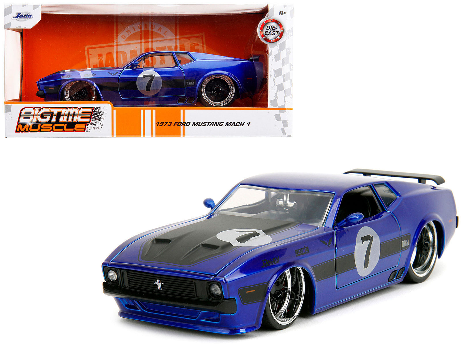 1973 Ford Mustang Mach 1 #7 Candy Blue Metallic with Black Stripes and Hood “Bigtime Muscle” Series 1/24 Diecast Model Car by Jada