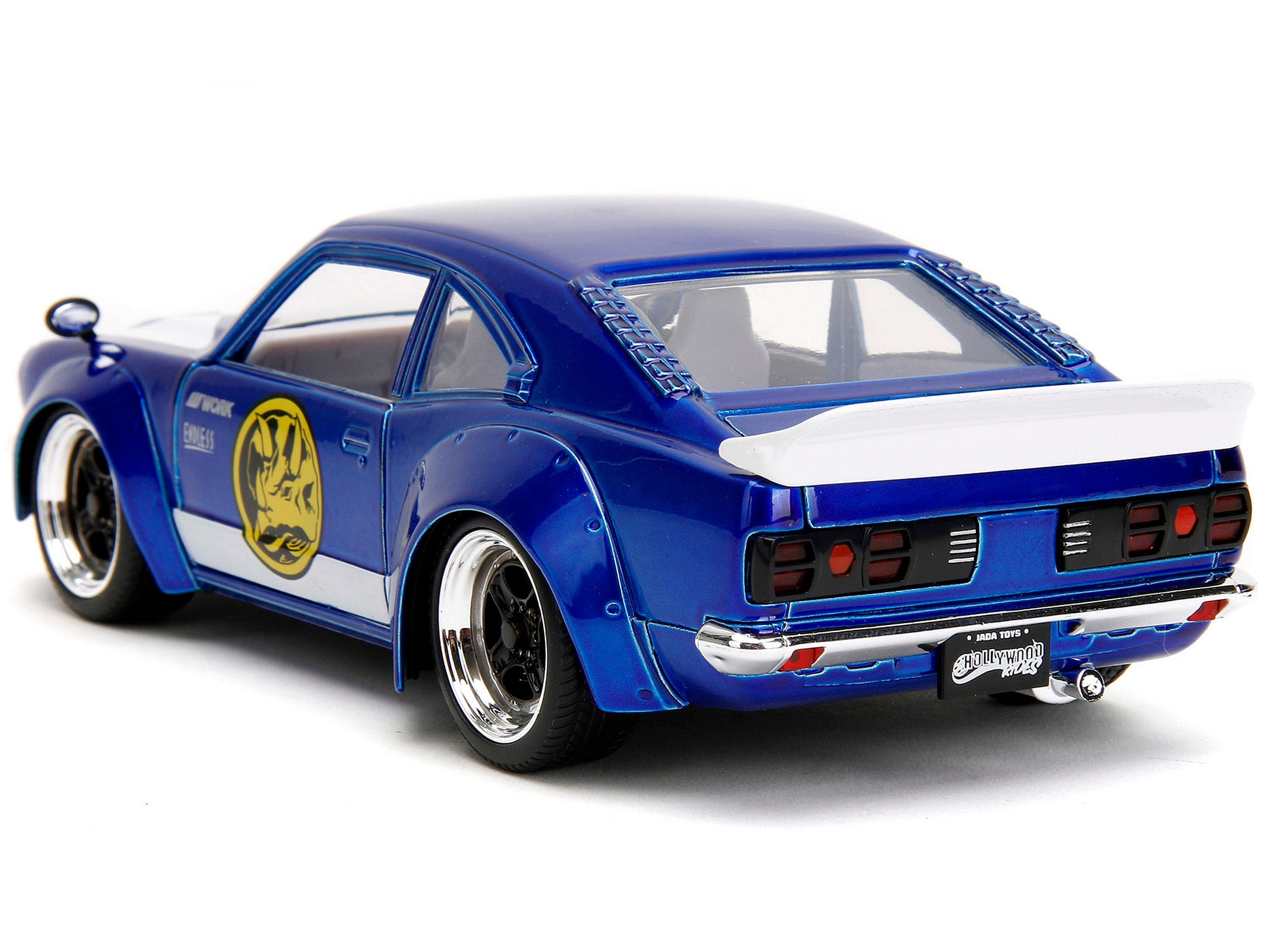 1974 Mazda RX-3 Candy Blue with White Interior and Graphics and Blue Ranger Diecast Figure “Power Rangers” “Hollywood Rides” Series 1/24 Diecast Model Car by Jada