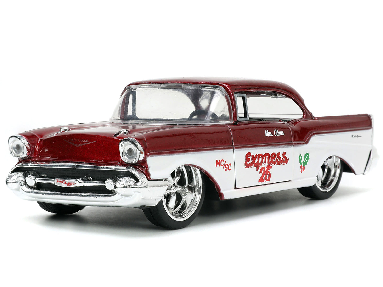 1941 Ford Pickup Truck Red and White "Santa's Workshop" and 1957 Chevrolet Bel Air Red Metallic and White "Express 25" with Mr. and Mrs. Santa Claus Diecast Figures "Holiday Rides" Series 1/32 Diecast Model Cars by Jada - Image 2