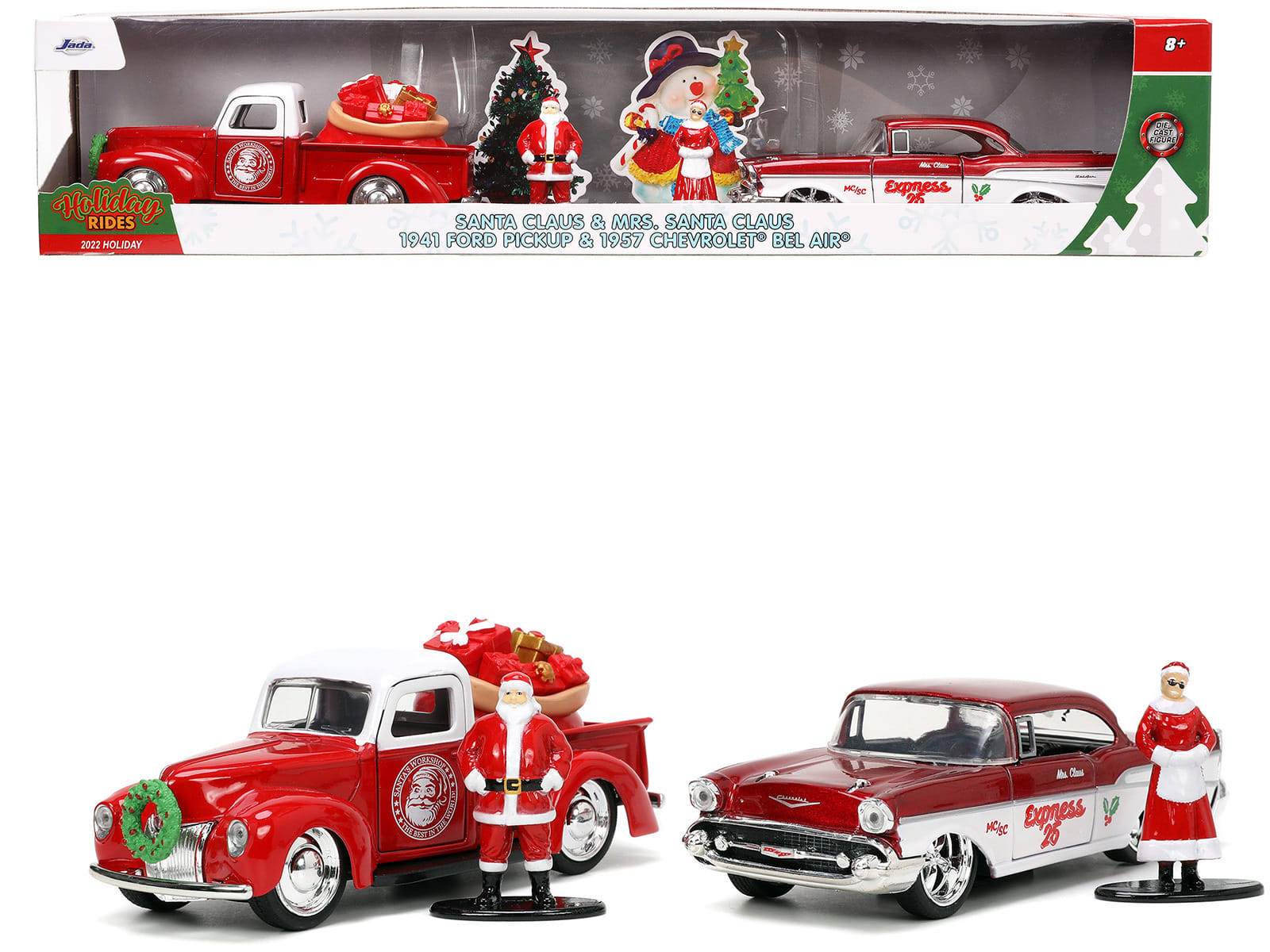 1941 Ford Pickup Truck Red and White "Santa's Workshop" and 1957 Chevrolet Bel Air Red Metallic and White "Express 25" with Mr. and Mrs. Santa Claus Diecast Figures "Holiday Rides" Series 1/32 Diecast Model Cars by Jada - Image 3
