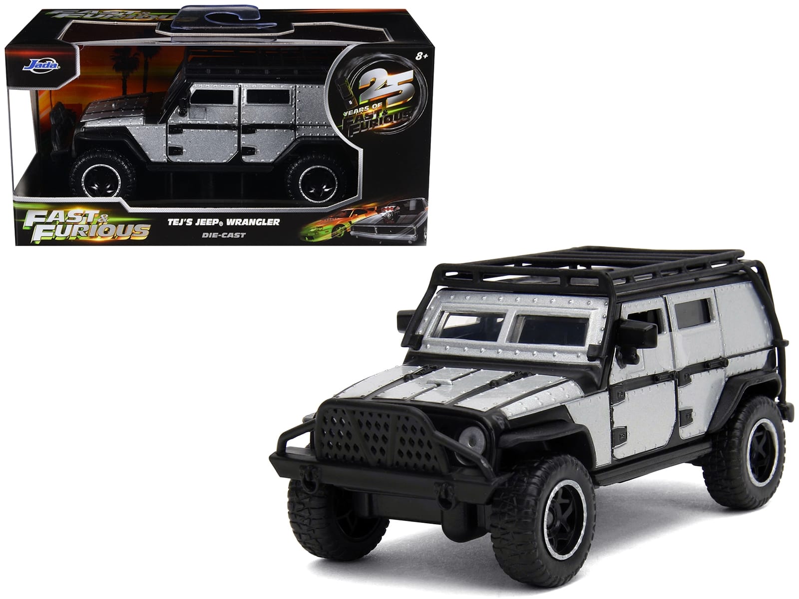 Tej's Jeep Wrangler Custom Silver Metallic with Black Top and Roof Rack "Furious 7" (2015) Movie "25 Years of Fast & Furious" Series 1/32 Diecast Model Car by Jada
