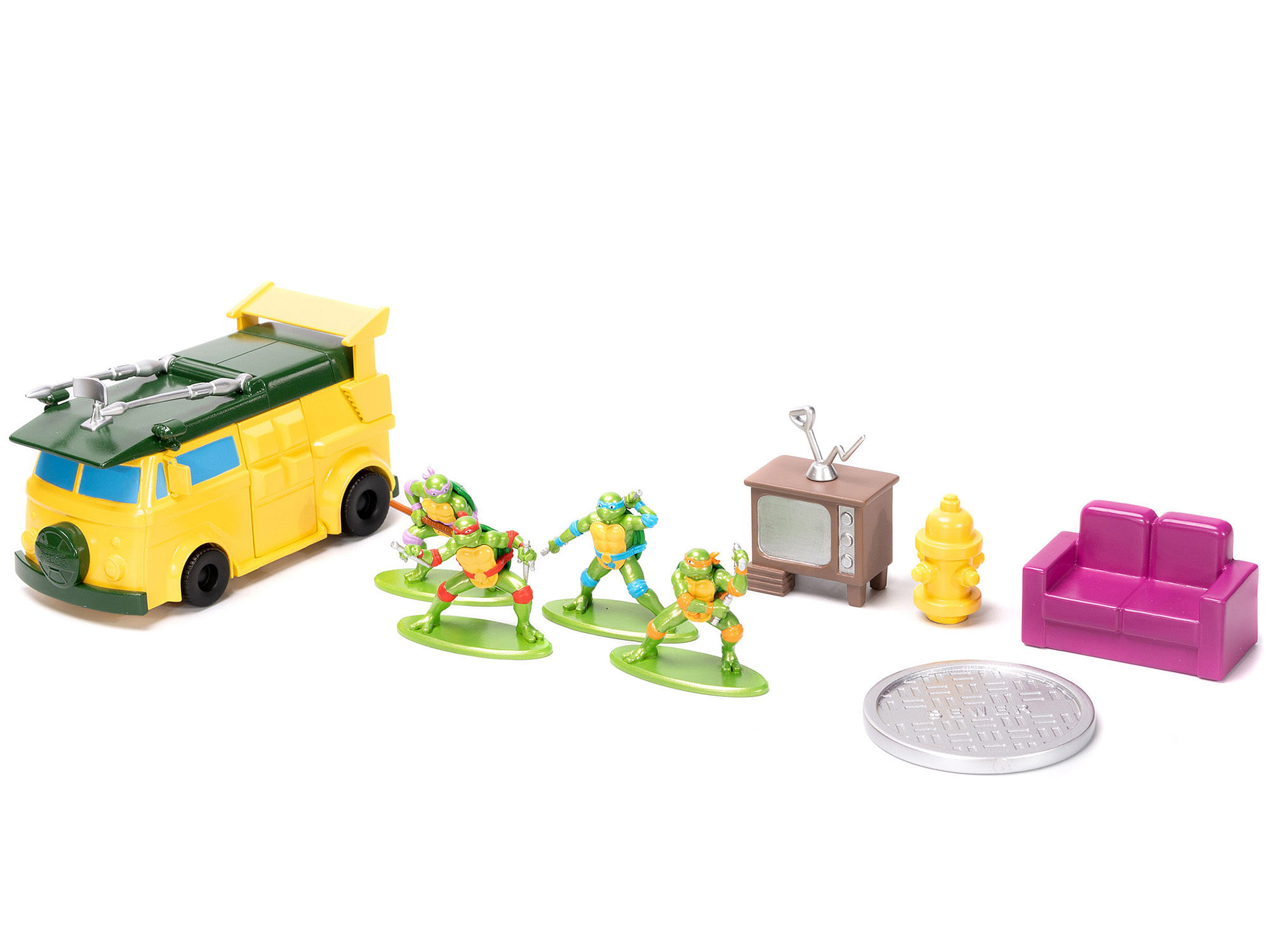 “Teenage Mutant Ninja Turtles” Turtle Lair Diorama Set with Figures and Party Wagon “Nano Scene” Series Model by Jada