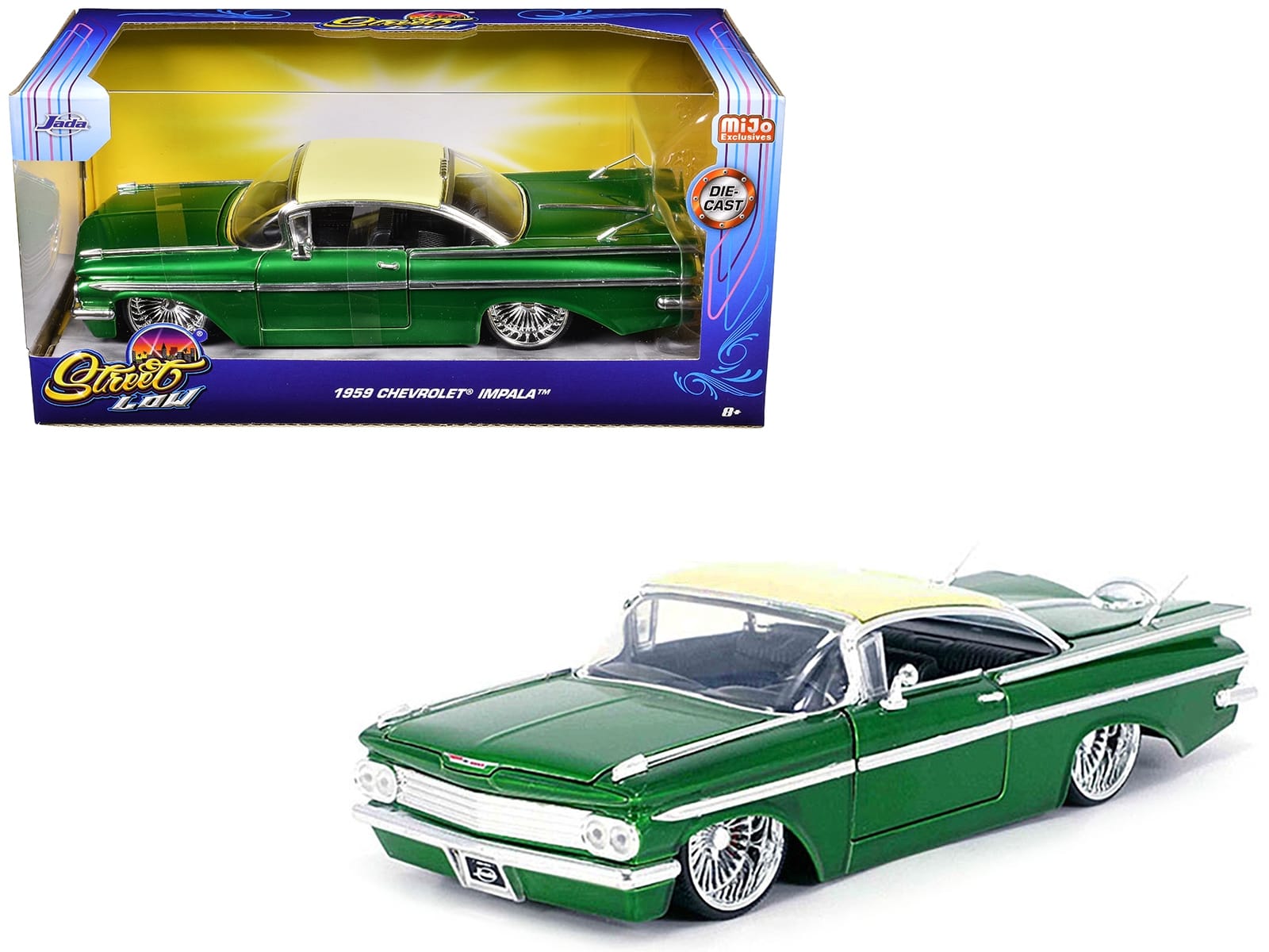 1959 Chevrolet Impala Lowrider Green Metallic with Cream Top and DUB Wire Wheels "Street Low" Series 1/24 Diecast Model Car by Jada - Image 2
