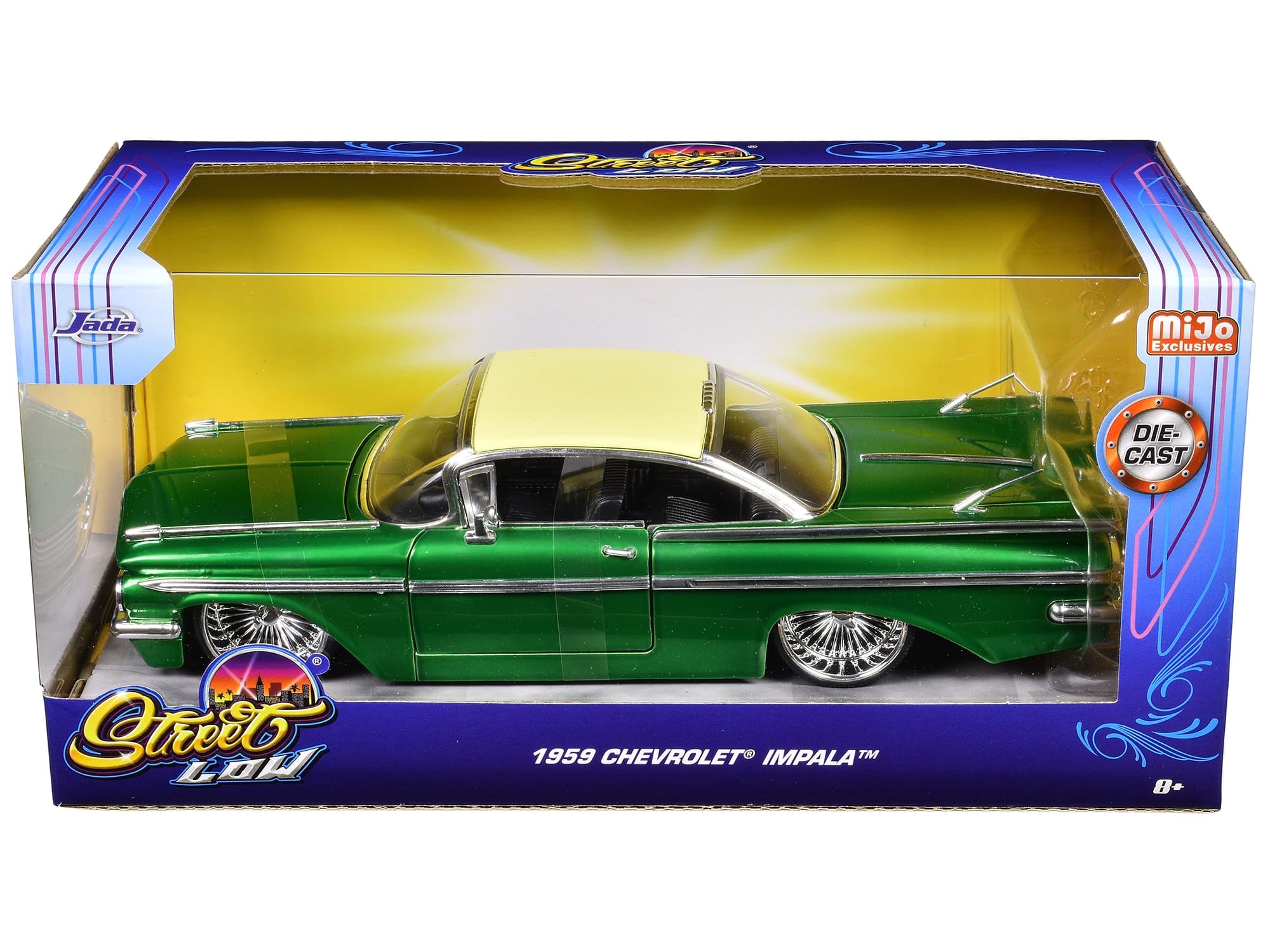 1959 Chevrolet Impala Lowrider Green Metallic with Cream Top and DUB Wire Wheels "Street Low" Series 1/24 Diecast Model Car by Jada - Image 3