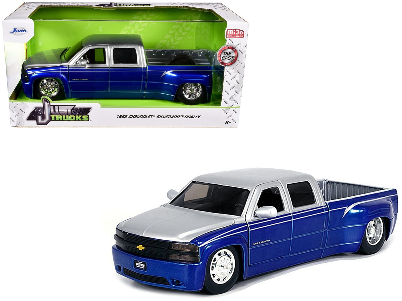 1999 Chevrolet Silverado Dually Pickup Truck Blue Metallic and Silver with Stock Wheels "Just Trucks" Series 1/24 Diecast Model Car by Jada - Image 2