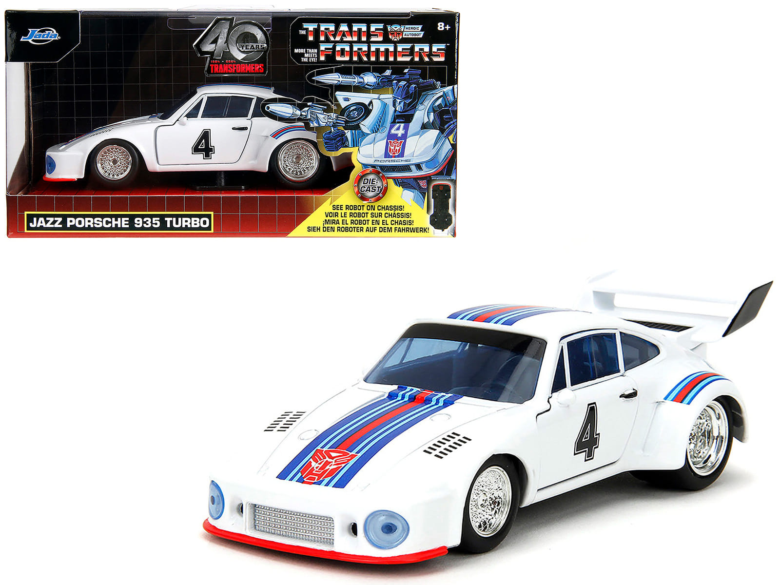 Porsche 935 Turbo #4 "Jazz" White with Blue and Red Stripes "Transformers" "Hollywood Rides" Series 1/32 Diecast Model Car by Jada - Image 4