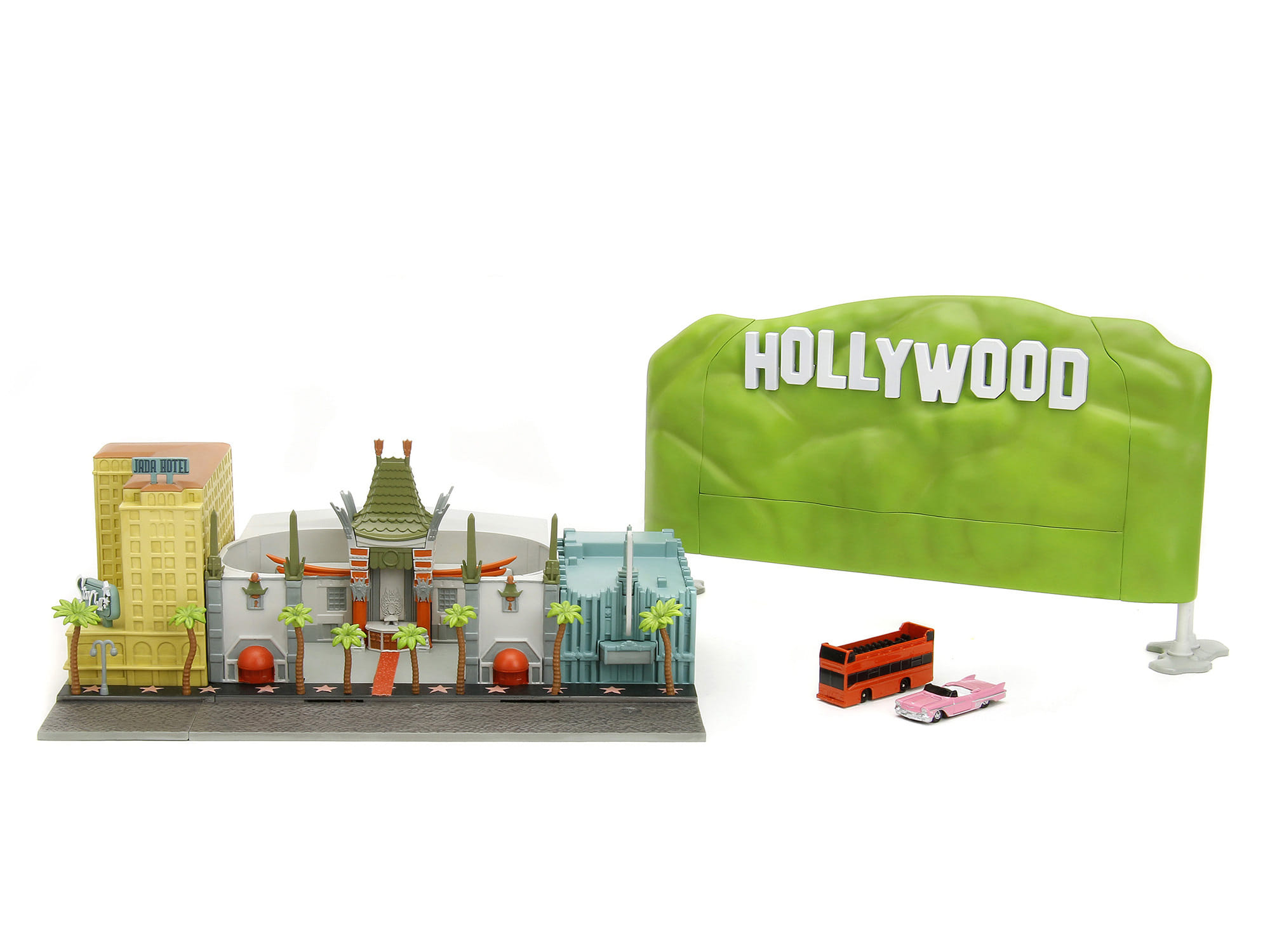 "Hollywood 100" Walk of Fame Diorama with Pink Convertible and Double-Decker Bus "Nano Scene" Series model by Jada - Image 2