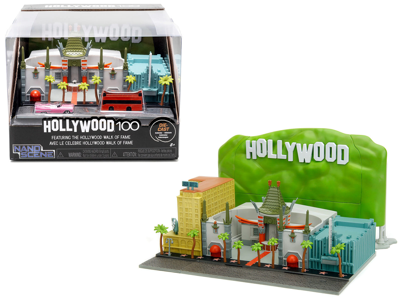 "Hollywood 100" Walk of Fame Diorama with Pink Convertible and Double-Decker Bus "Nano Scene" Series model by Jada - Image 3