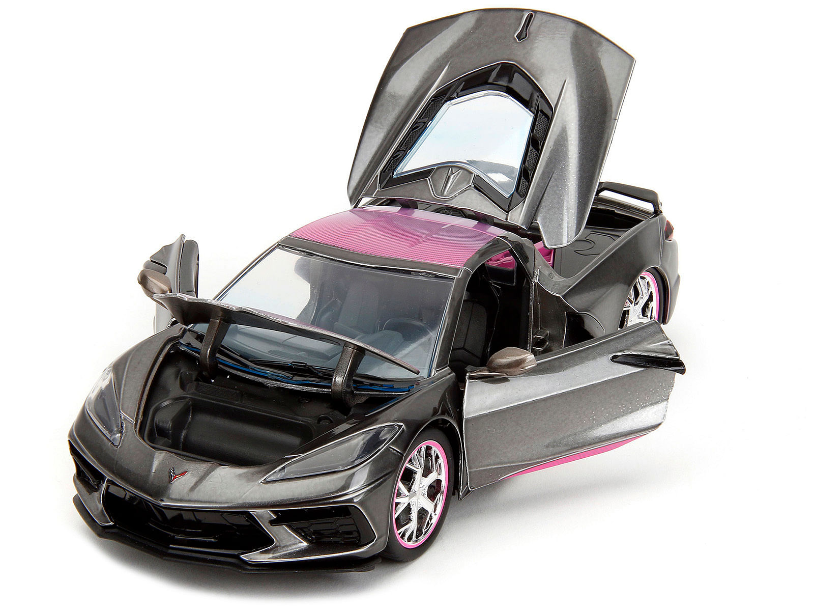 2020 Chevrolet Corvette Stingray Gray Metallic with Pink Carbon Hood and Top “Pink Slips” Series 1/24 Diecast Model Car by Jada