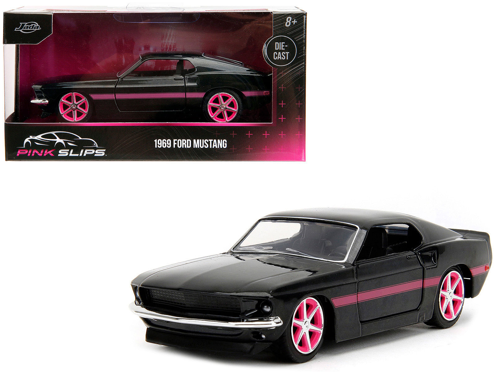 1969 Ford Mustang Black Metallic with Pink Stripes and Wheels “Pink Slips” Series 1/32 Diecast Model Car by Jada