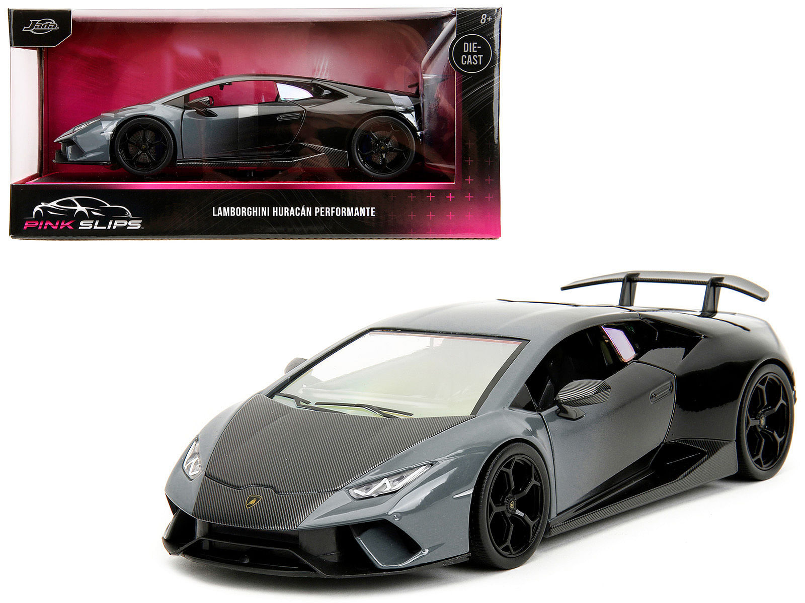 Lamborghini Huracan Perfomante Gray and Black Gradient with Carbon Hood “Pink Slips” Series 1/24 Diecast Model Car by Jada