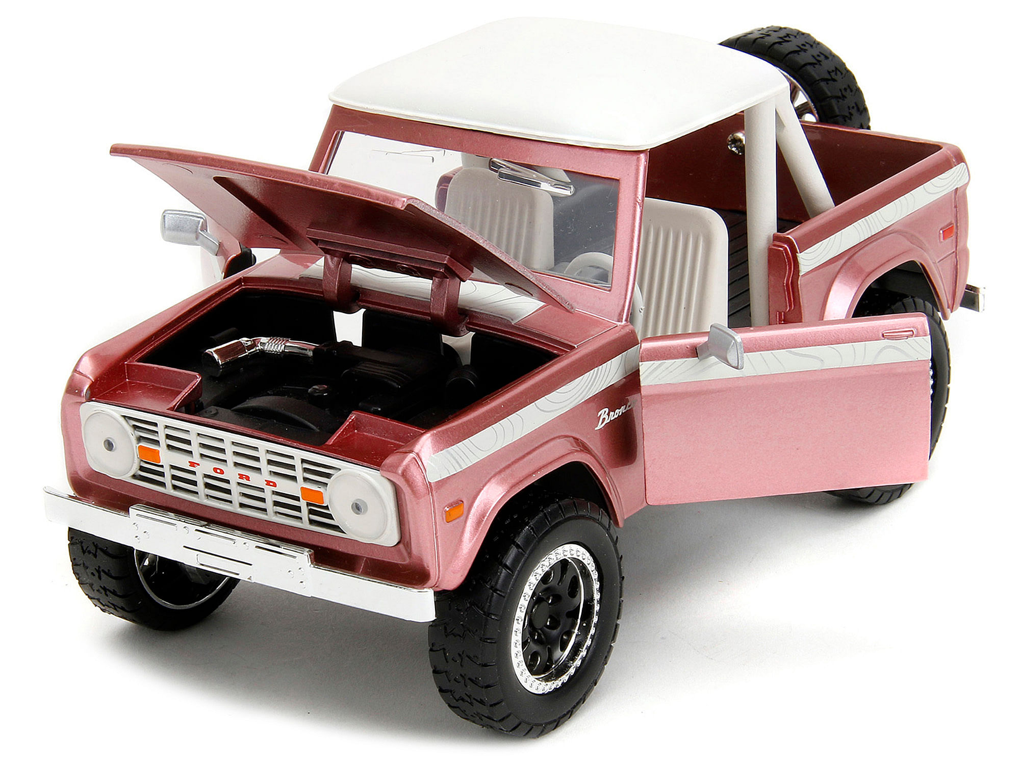 1973 Ford Bronco Pink Metallic with White Top and Graphics “Pink Slips” Series 1/24 Diecast Model Car by Jada