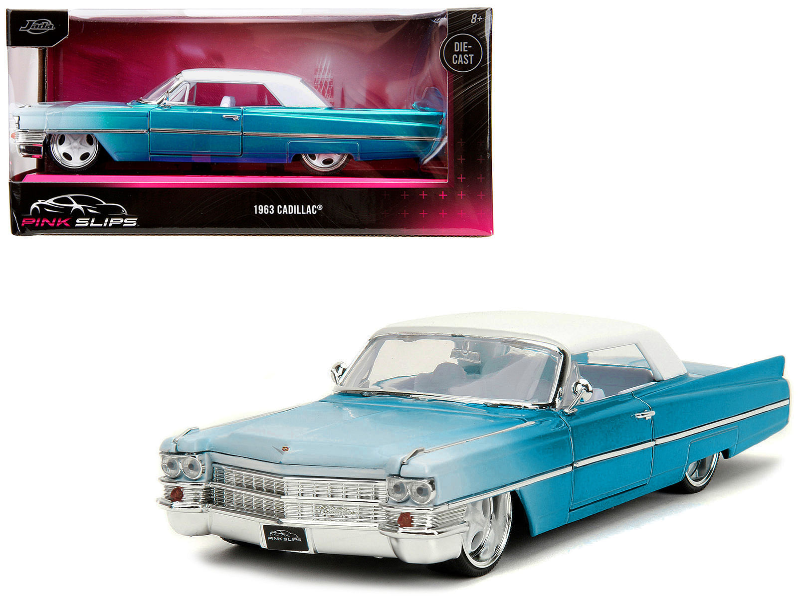 1963 Cadillac Coupe DeVille Blue Metallic and White Gradient with White Top and Interior “Pink Slips” Series 1/24 Diecast Model Car by Jada