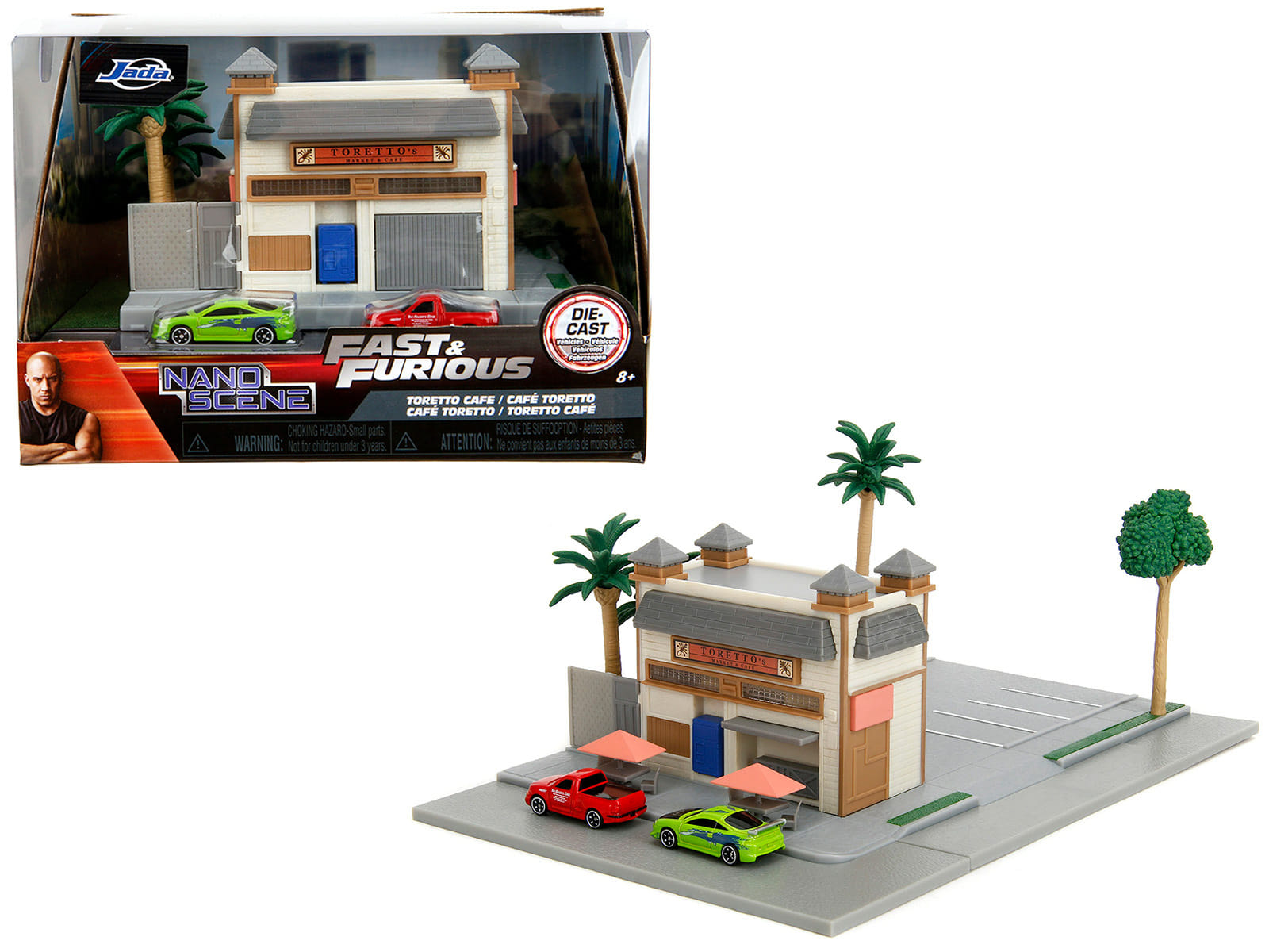 Toretto Cafe Diorama with Mitsubishi Eclipse Green and Ford F-150 SVT Lightning Red "Fast and Furious" "Nano Scene" Series Model by Jada - Image 5