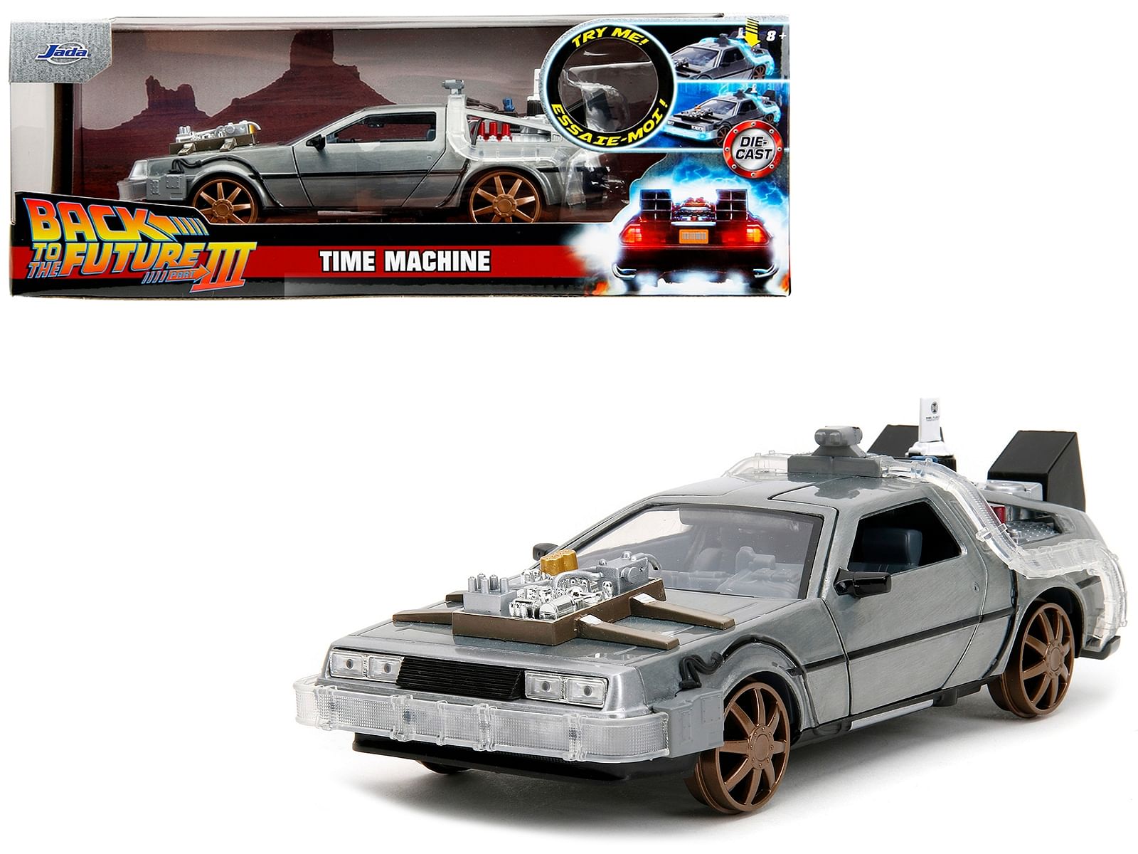 DeLorean Brushed Metal Time Machine (Train Wheel Version) with Lights “Back to the Future Part III” (1990) Movie “Hollywood Rides” Series 1/24 Diecast Model Car by Jada