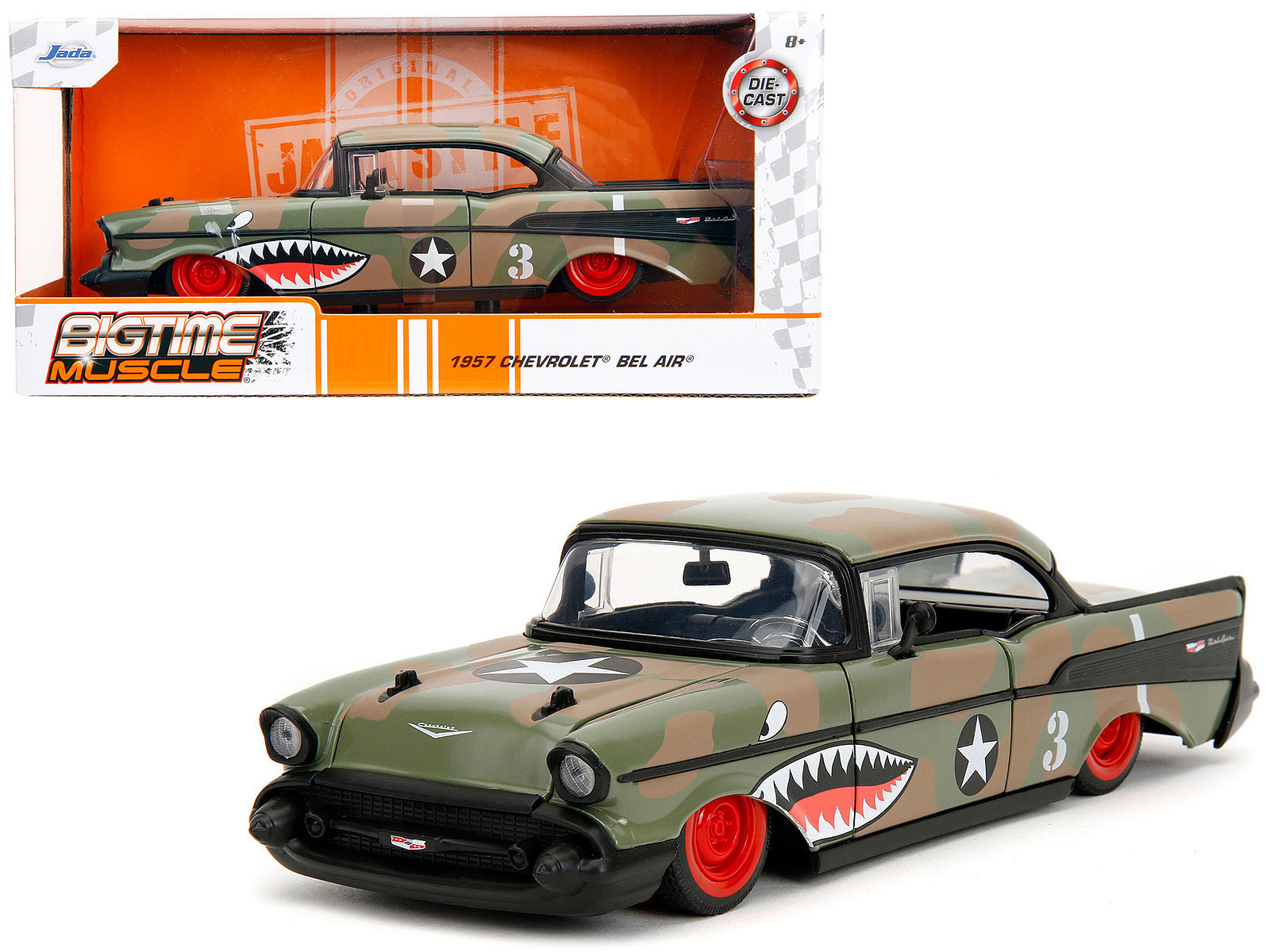 1957 Chevrolet Bel Air #3 Camouflage with Shark Mouth Graphics “Bigtime Muscle” Series 1/24 Diecast Model Car by Jada