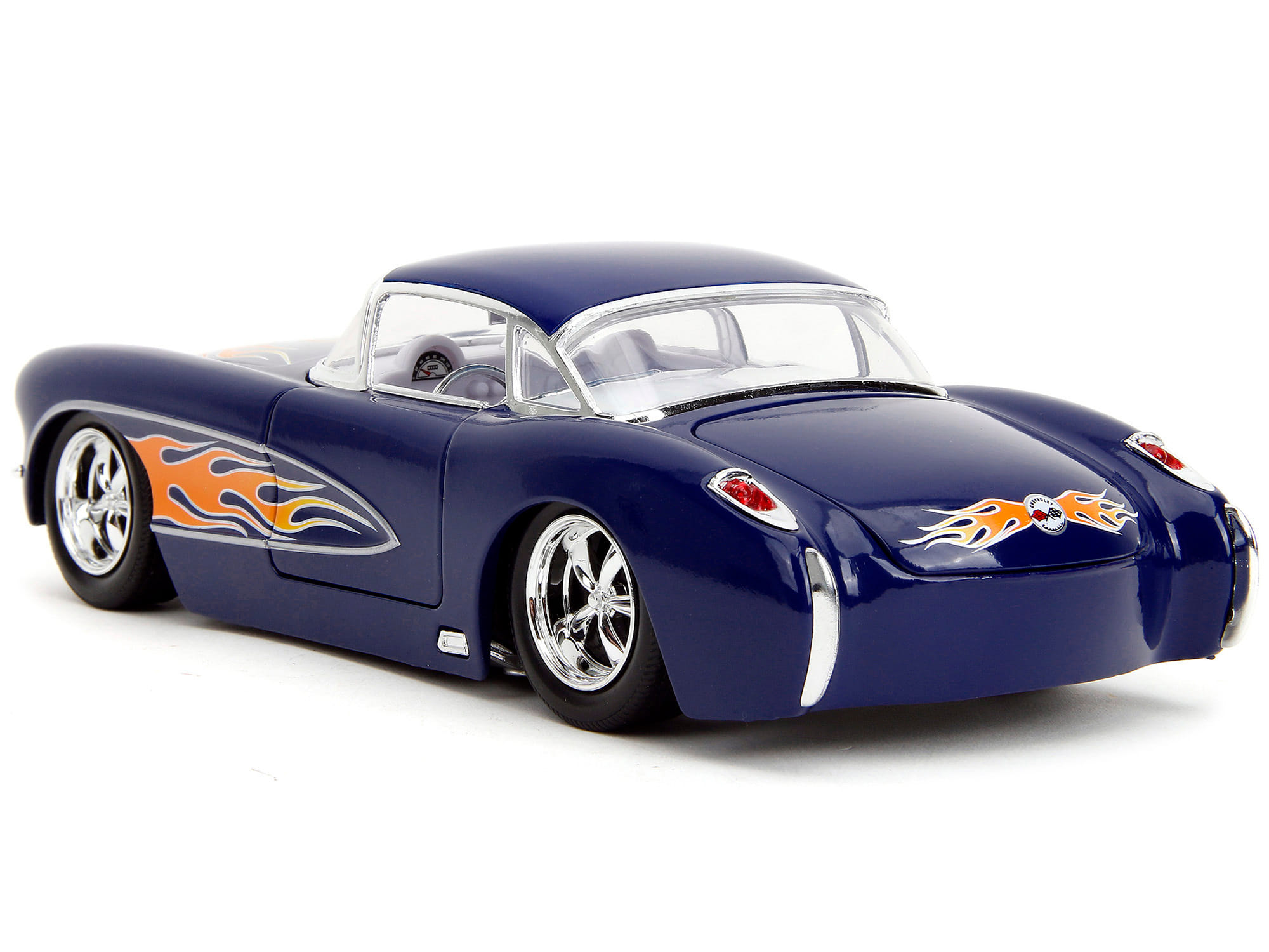 1957 Chevrolet Corvette Dark Blue with Flame Graphics and White Interior "Bigtime Muscle" Series 1/24 Diecast Model Car by Jada - Image 2