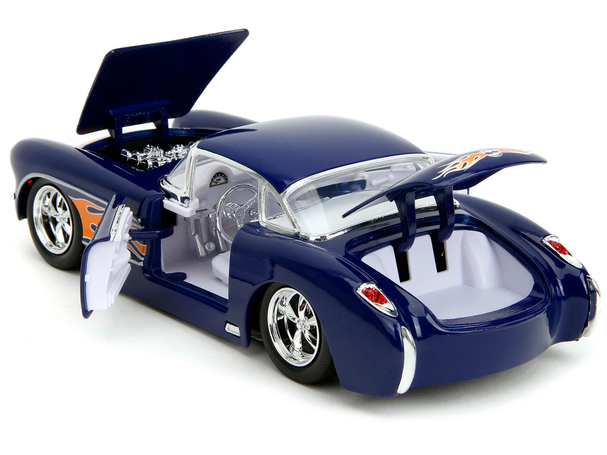 1957 Chevrolet Corvette Dark Blue with Flame Graphics and White Interior "Bigtime Muscle" Series 1/24 Diecast Model Car by Jada - Image 3