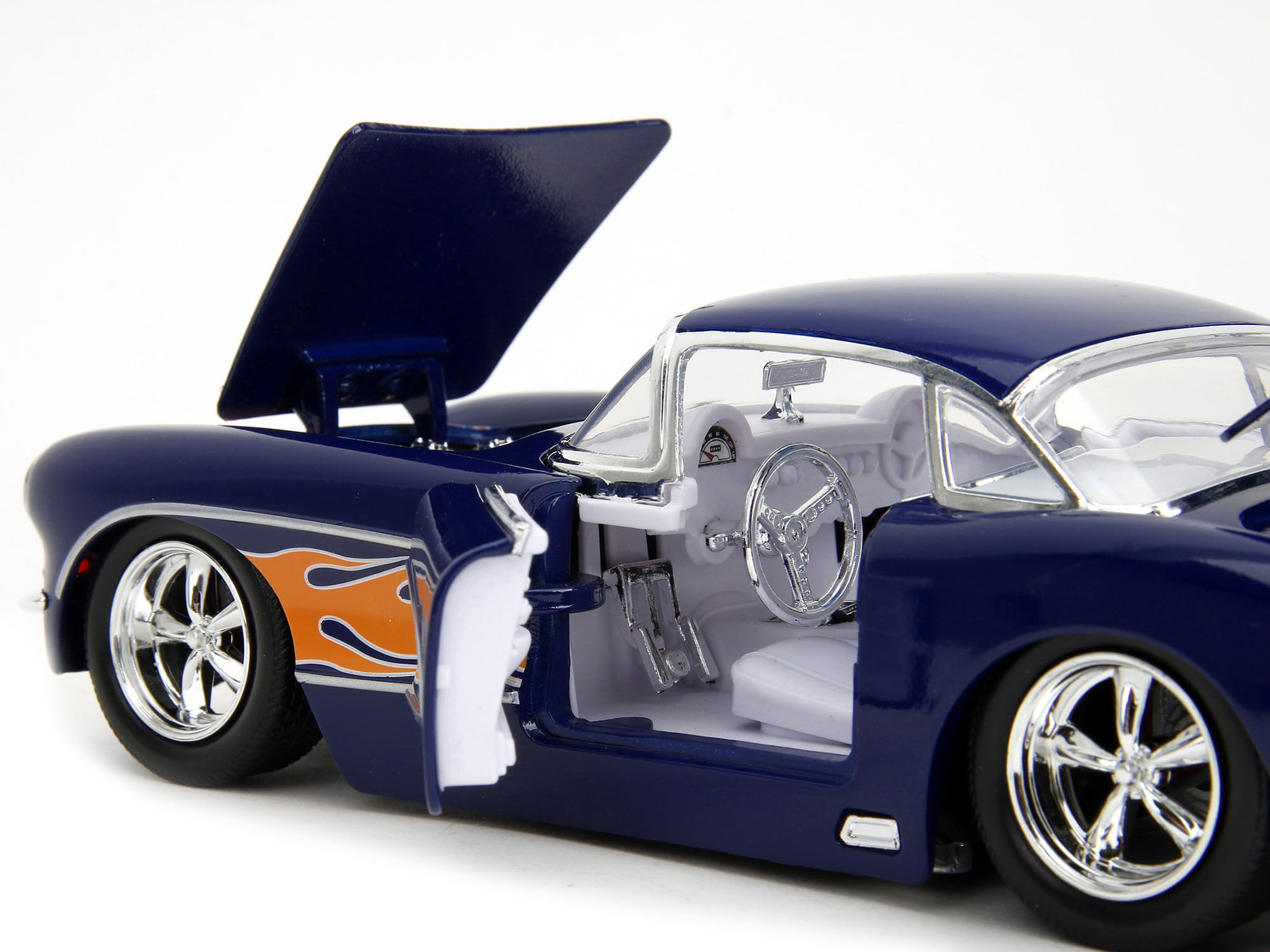 1957 Chevrolet Corvette Dark Blue with Flame Graphics and White Interior "Bigtime Muscle" Series 1/24 Diecast Model Car by Jada - Image 5