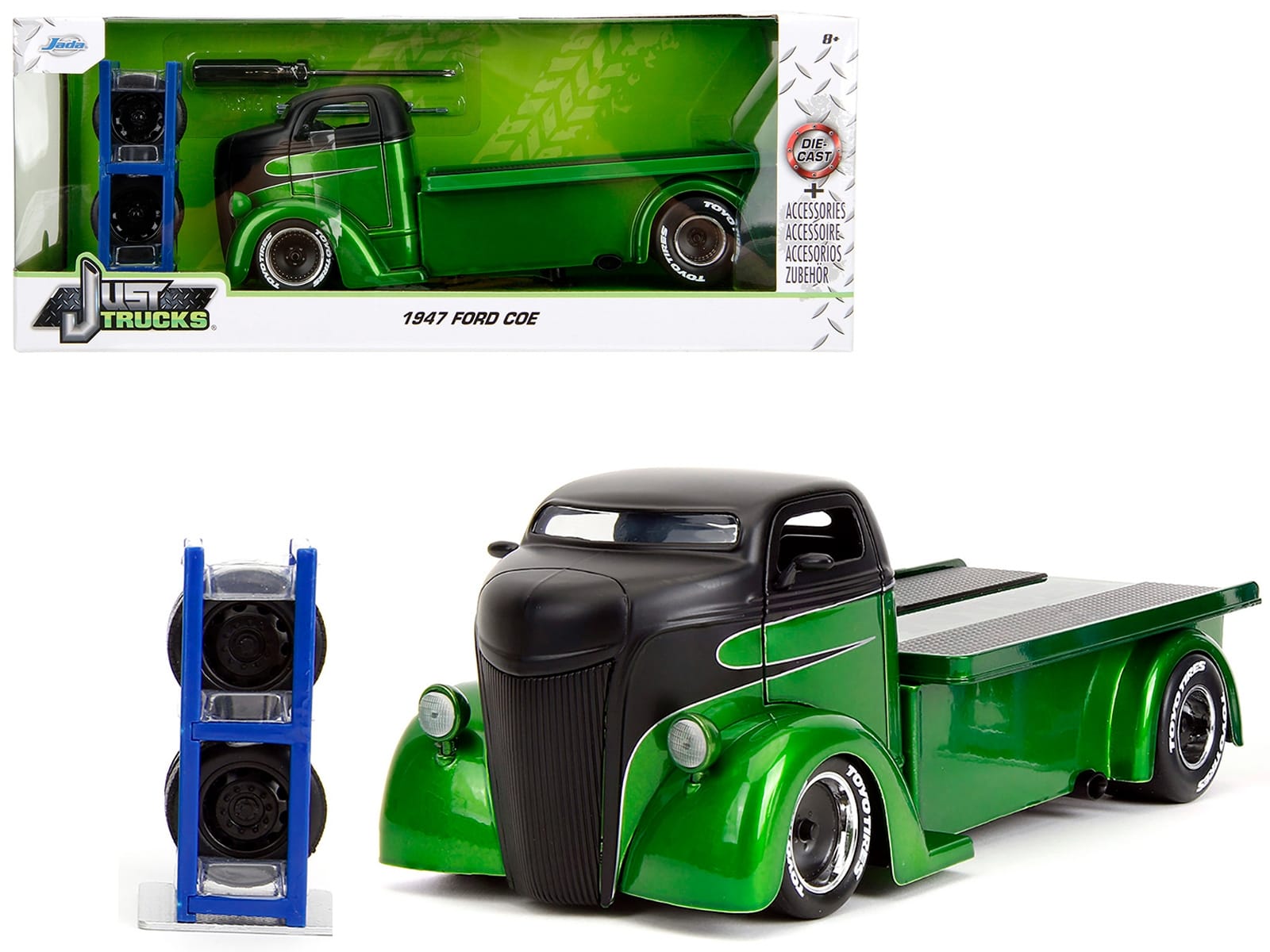 1947 Ford COE Flatbed Truck Green Metallic and Matt Black "Toyo Tires" with Extra Wheels "Just Trucks" Series 1/24 Diecast Model Car by Jada - Image 5